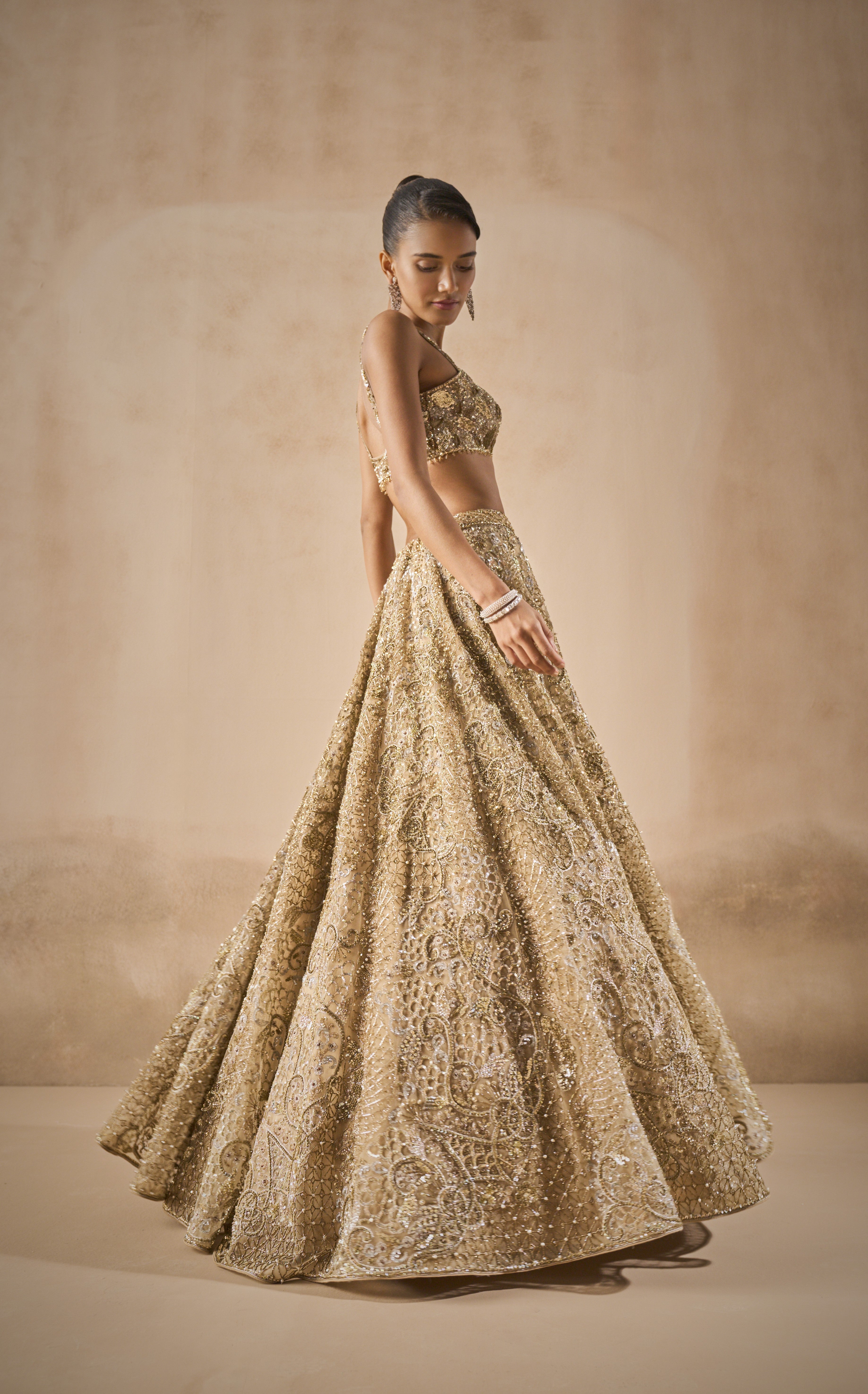 Beige Gold Tulle Sparkle Lehenga Set