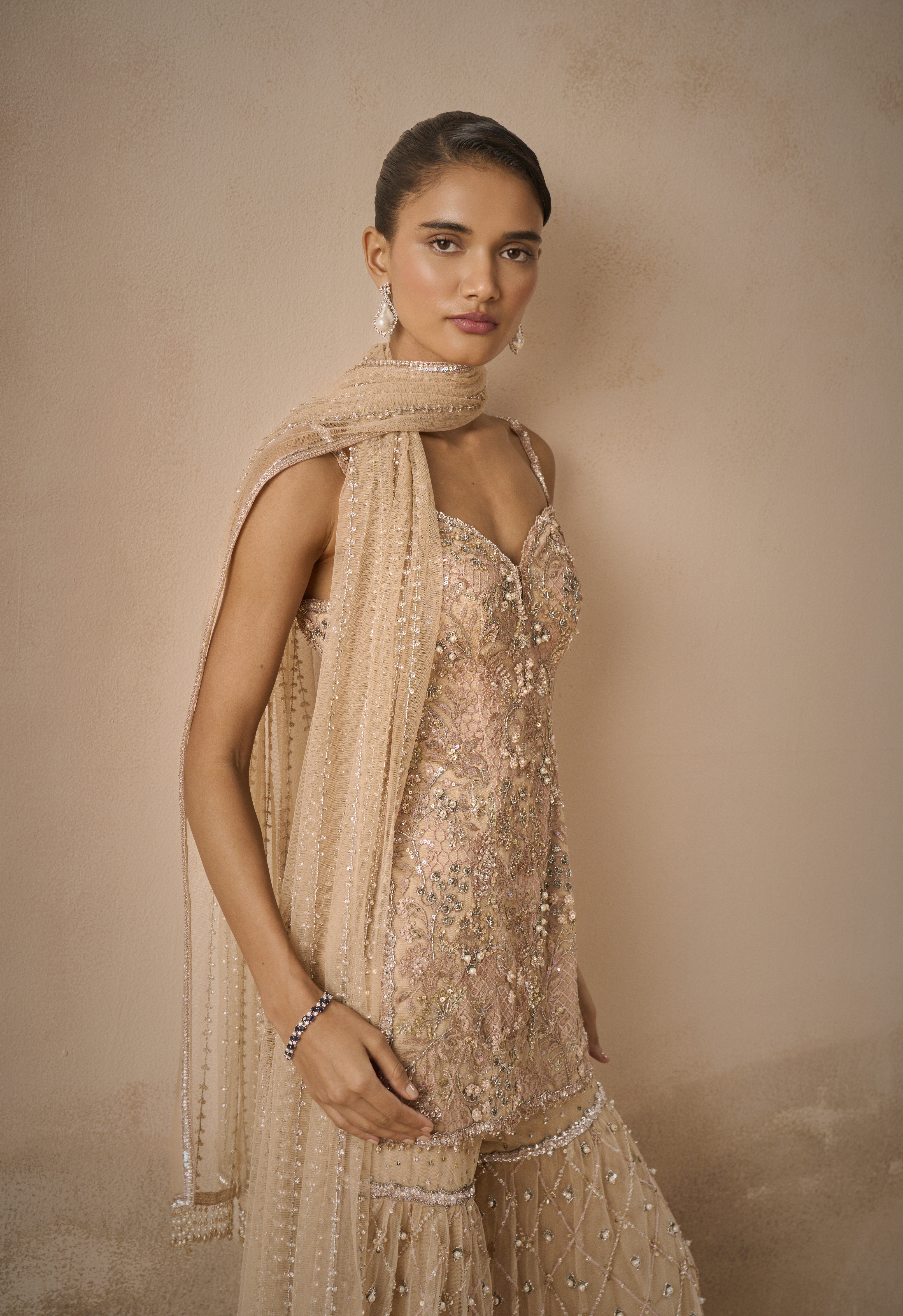 Biscuit Brown Tulle Strappy Gharara Set