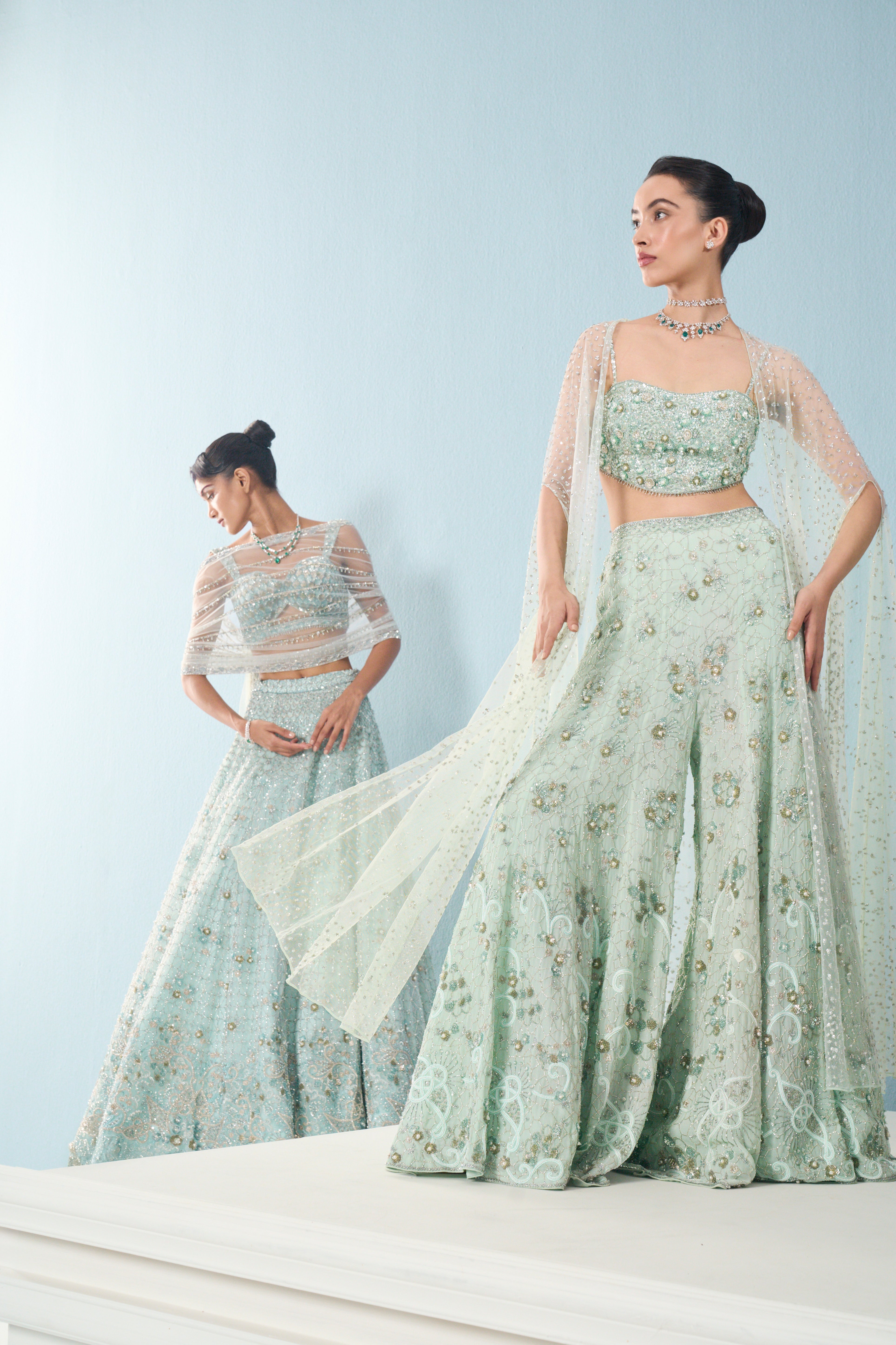 Sea Green Georgette High Waist Sharara And Cape Set