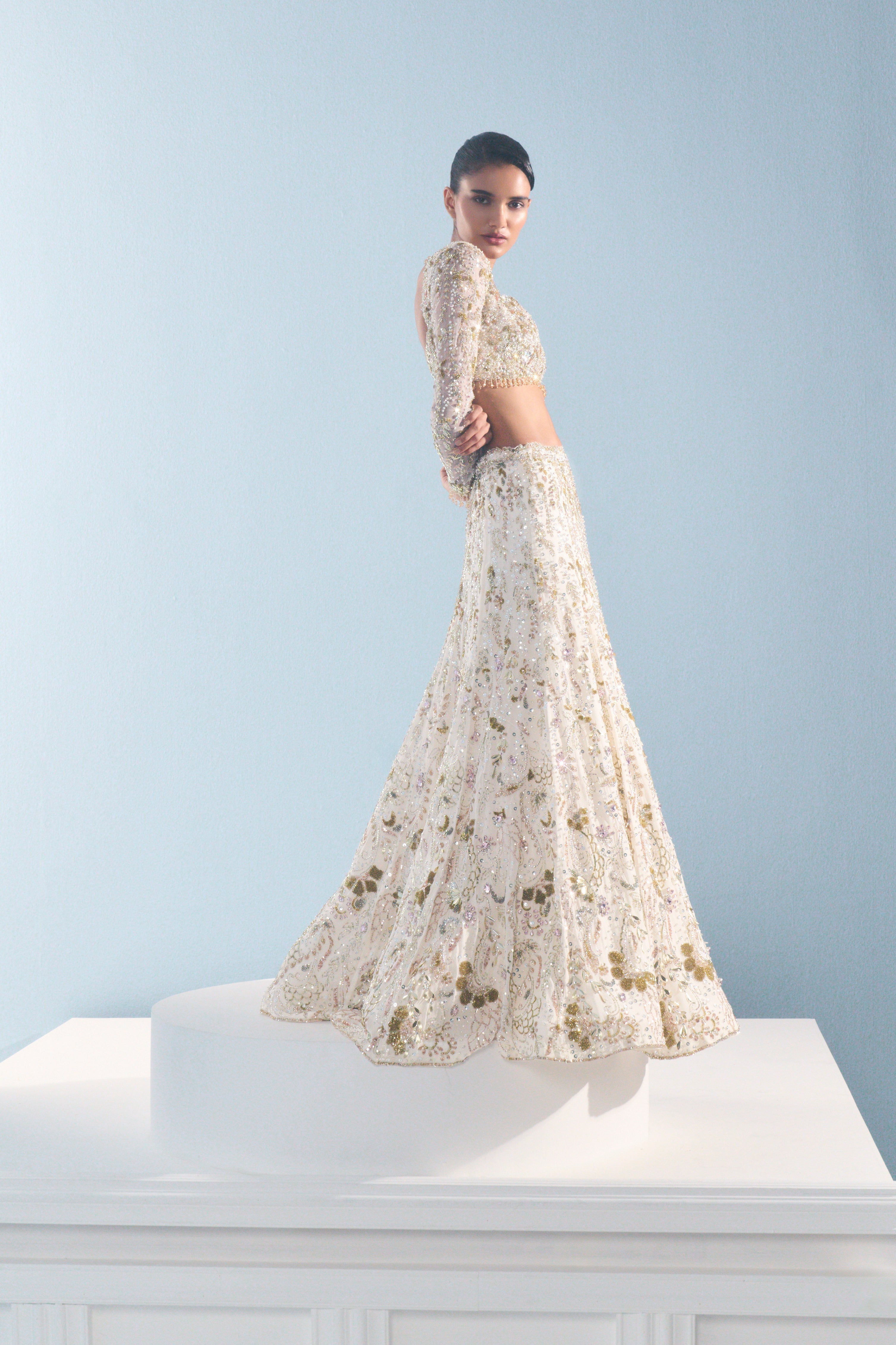 Ivory Georgette Fitted Lehenga Set