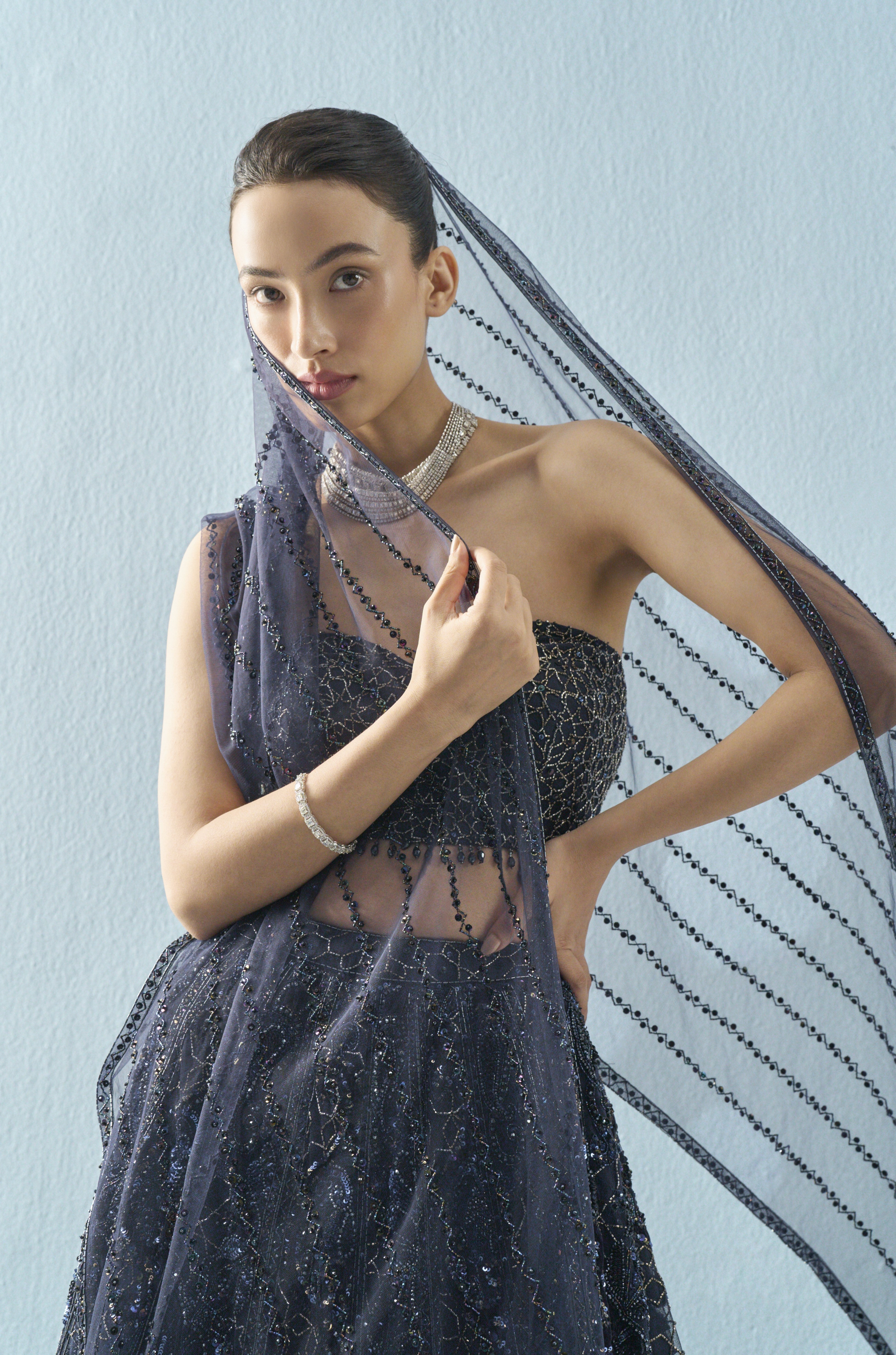 Navy Blue Tulle Lehenga Set