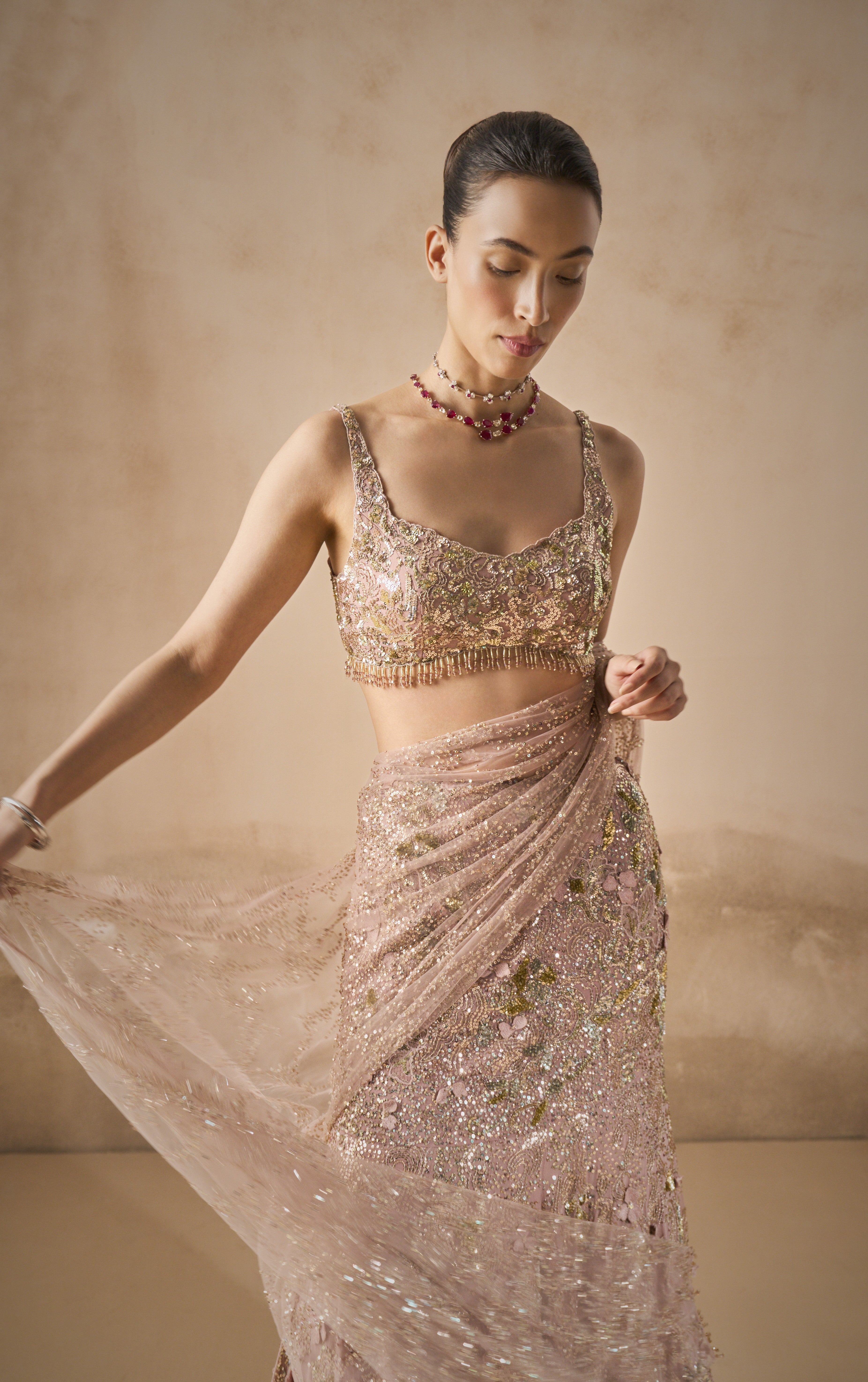 Rose Pink Georgette Sparkle Drape Lehenga Set