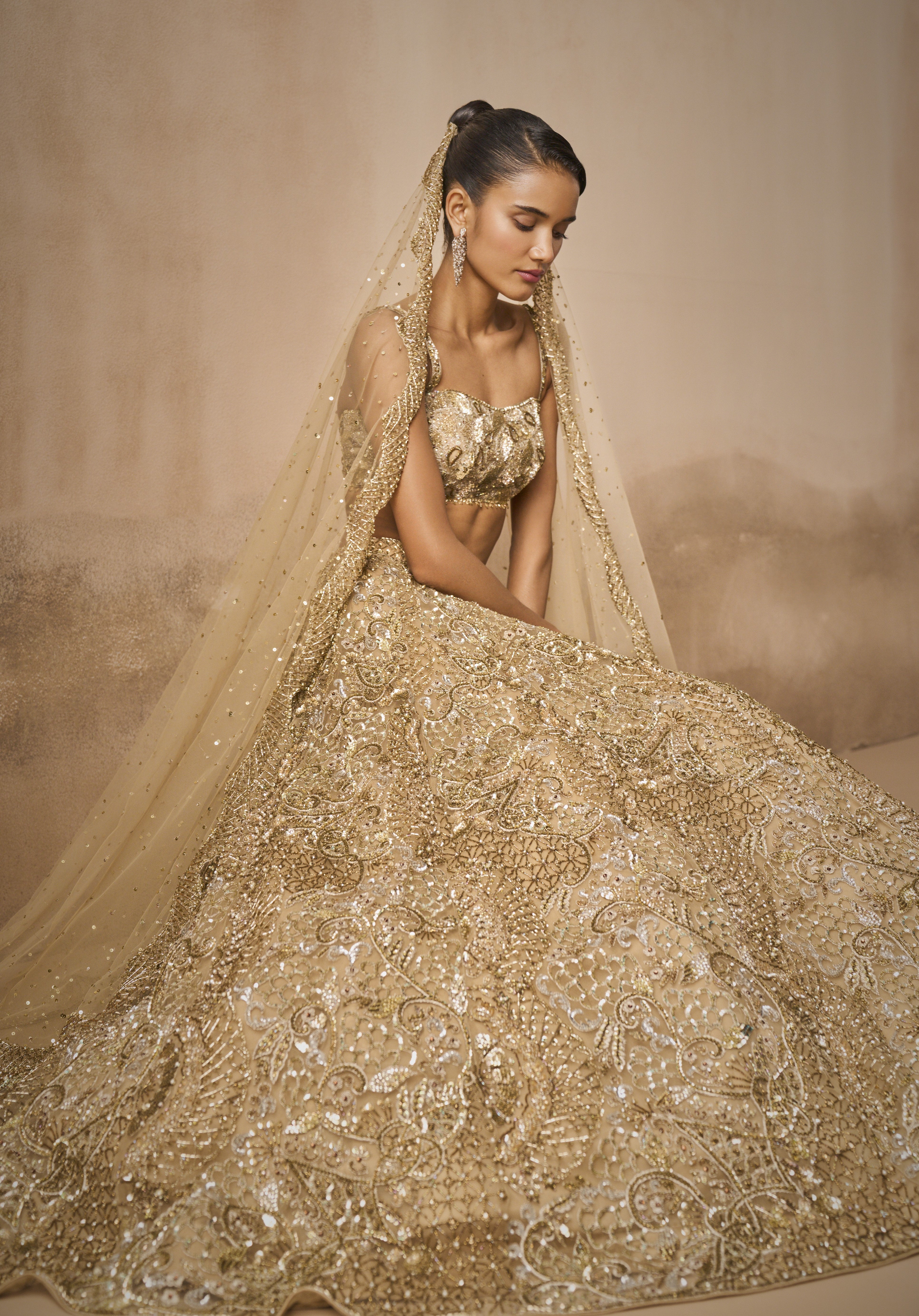Beige Gold Tulle Sparkle Lehenga Set