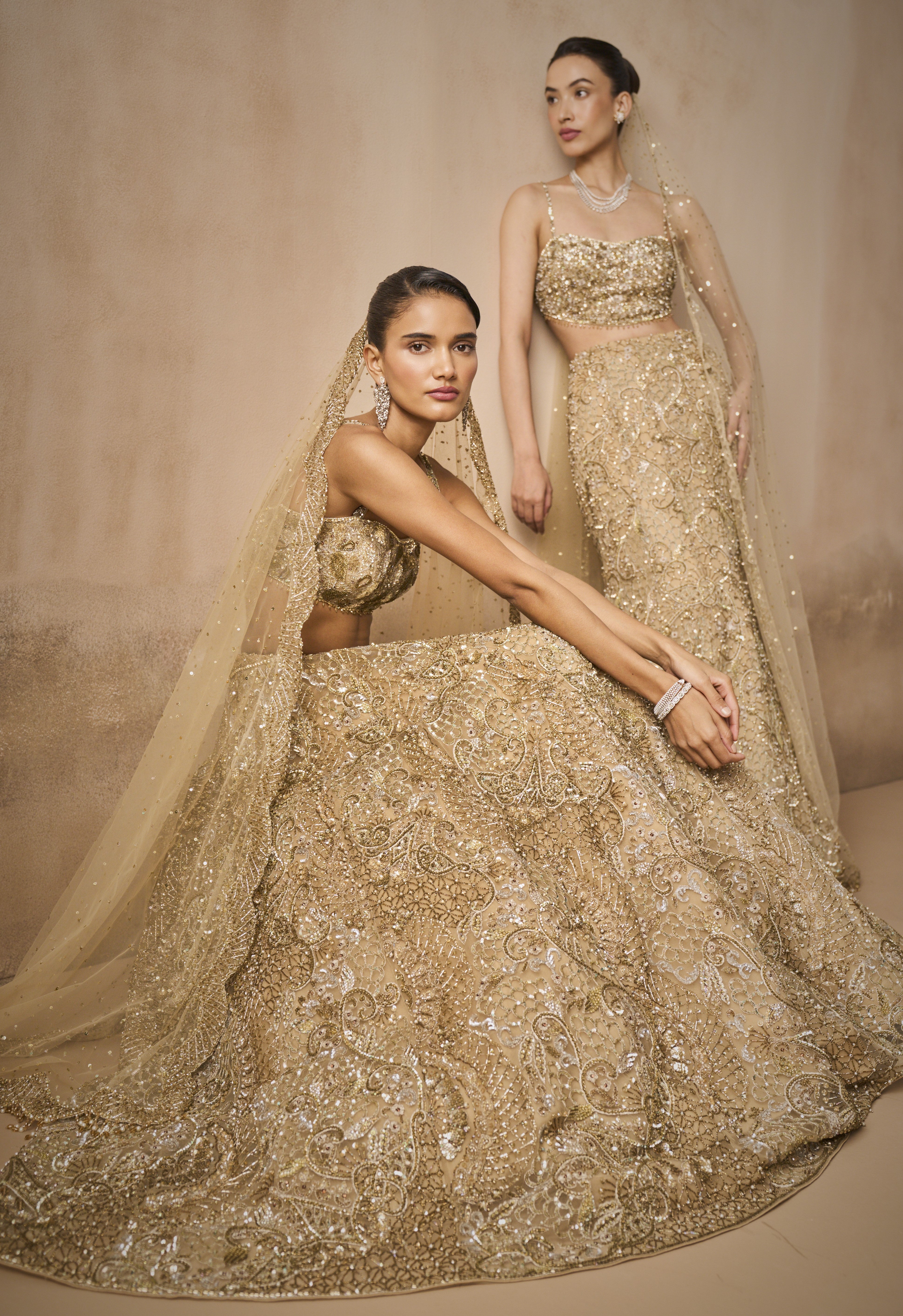 Beige Gold Tulle Sparkle Lehenga Set