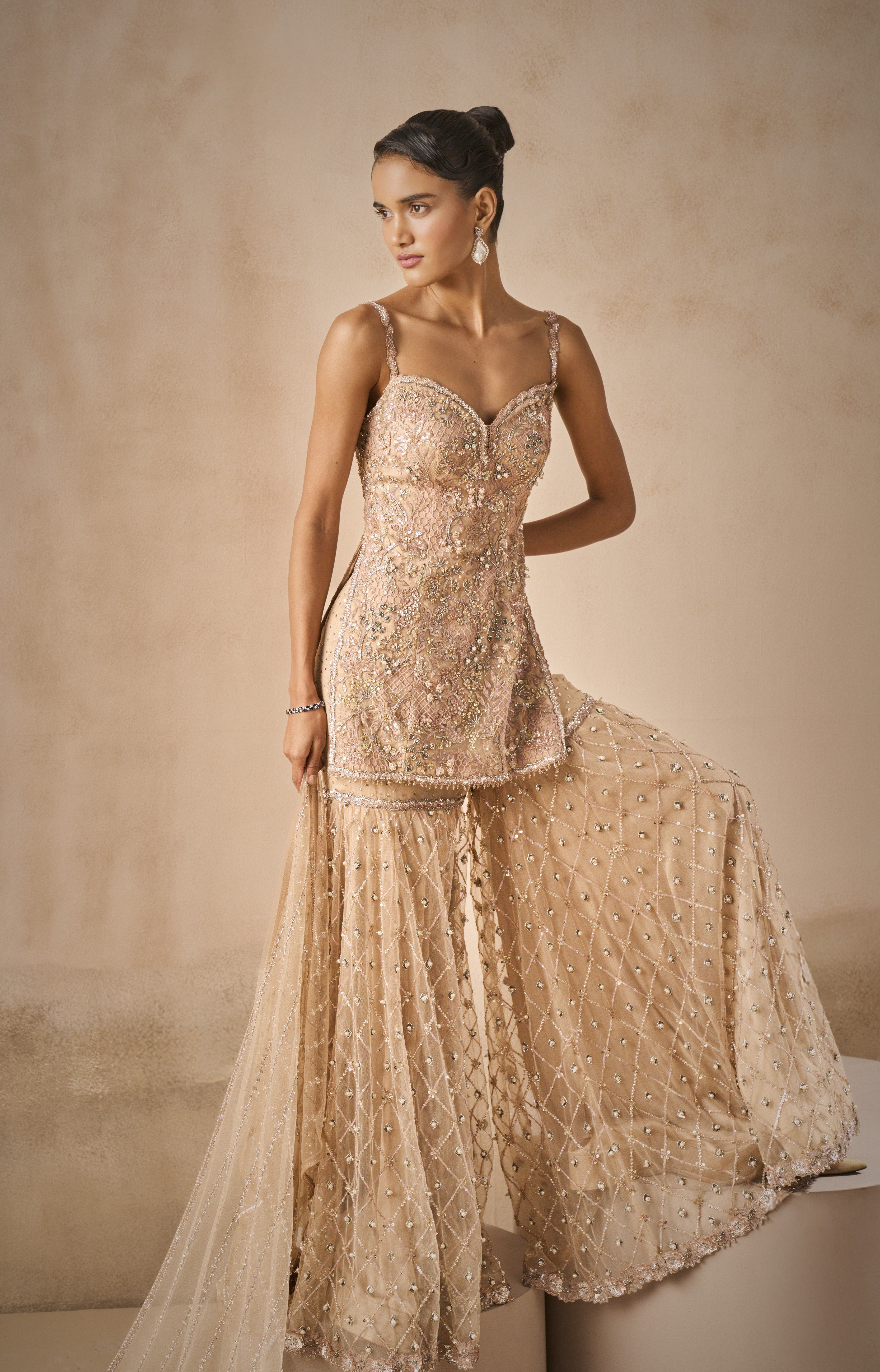 Biscuit Brown Tulle Strappy Gharara Set