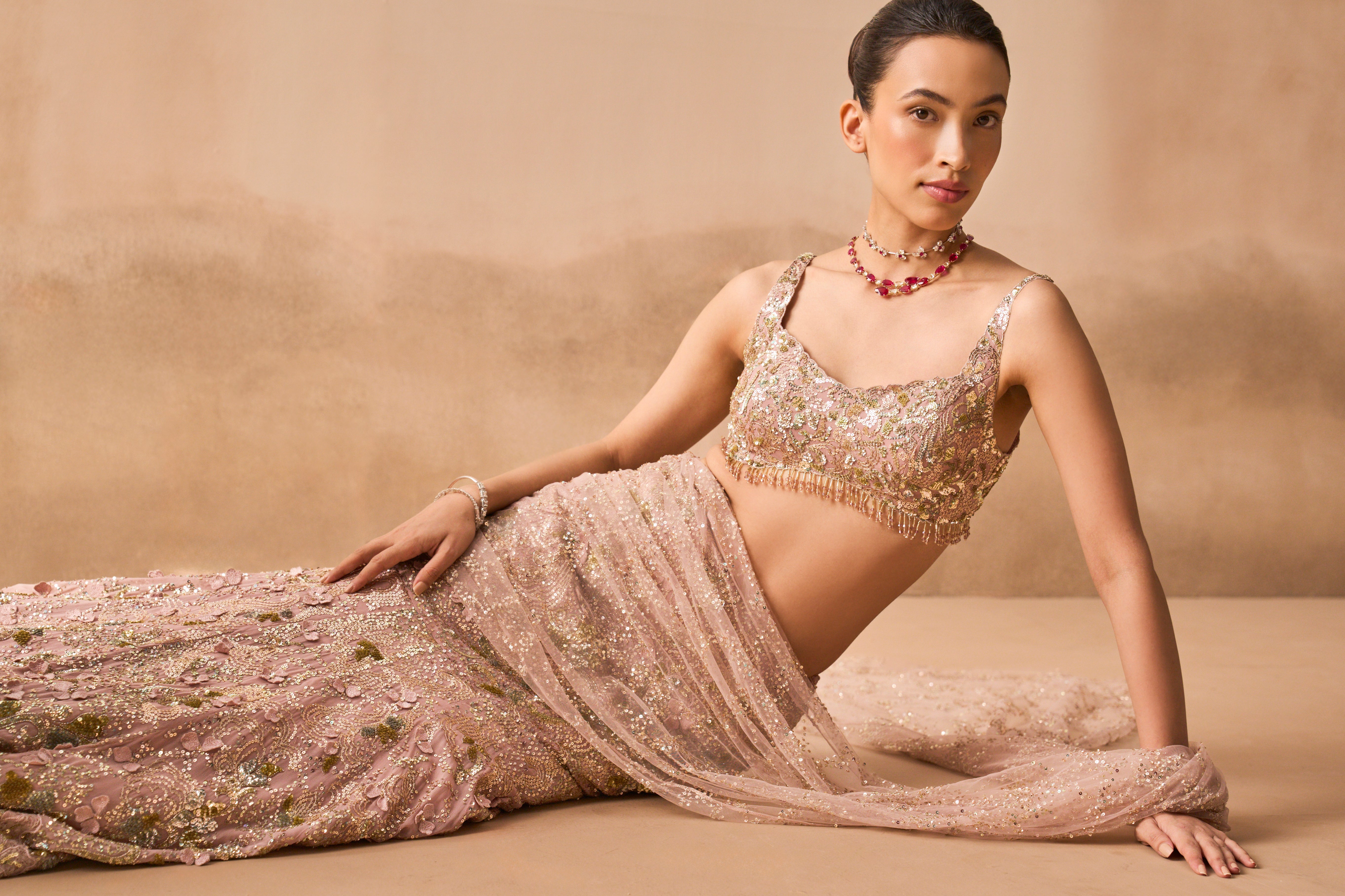 Rose Pink Georgette Sparkle Drape Lehenga Set