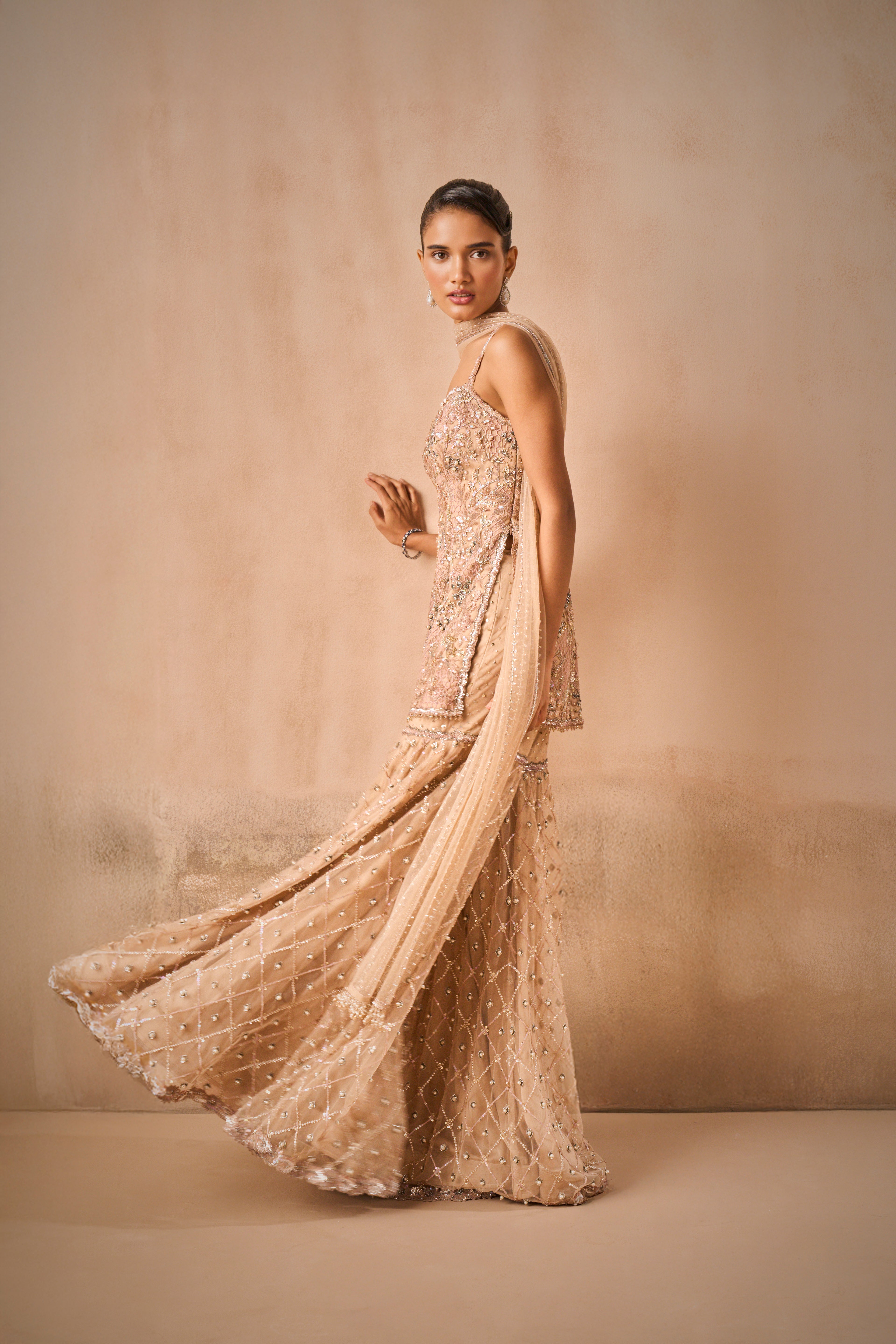 Biscuit Brown Tulle Strappy Gharara Set