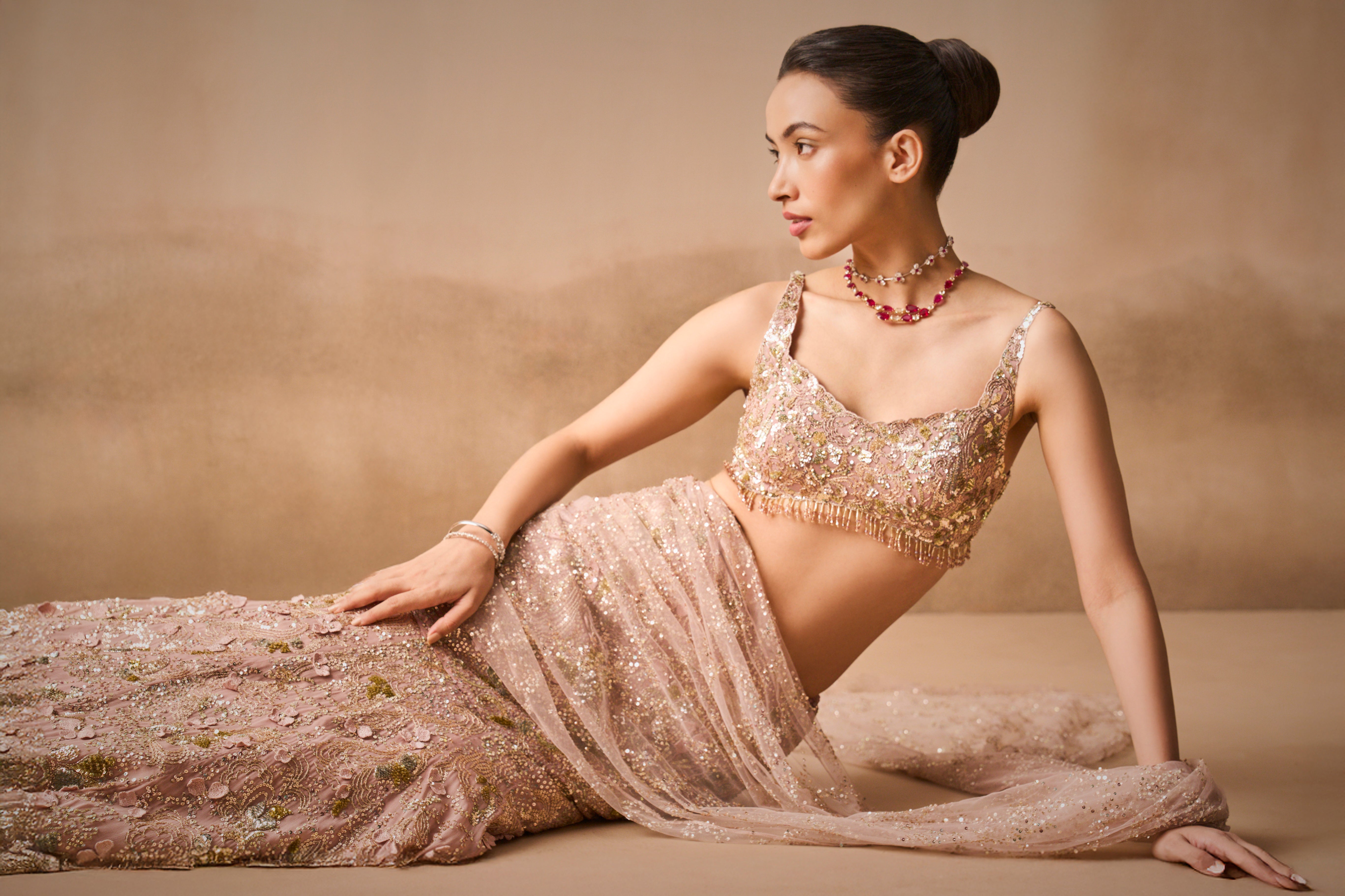 Rose Pink Georgette Sparkle Drape Lehenga Set