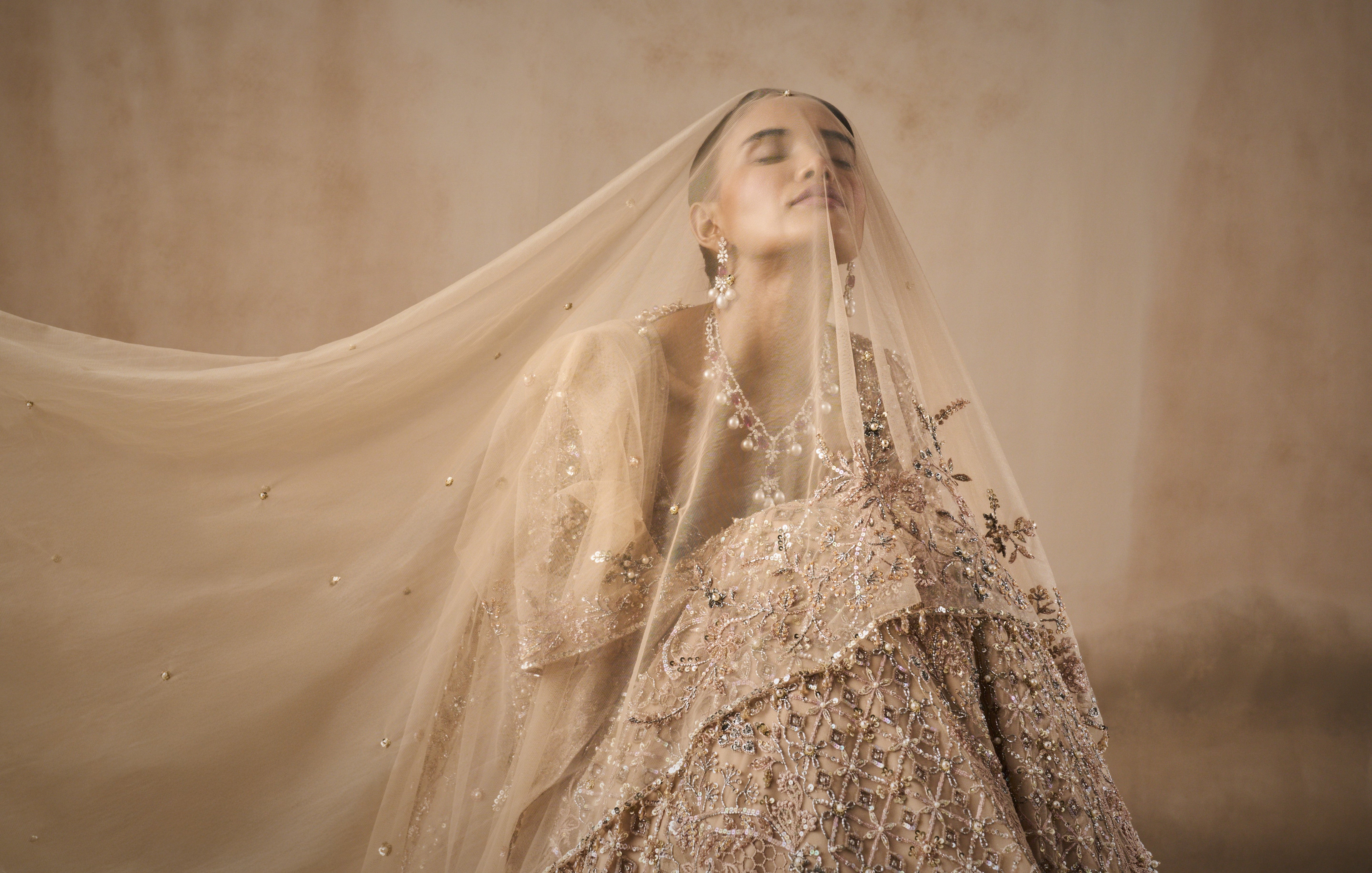 Beige Nude Tulle Lehenga Set