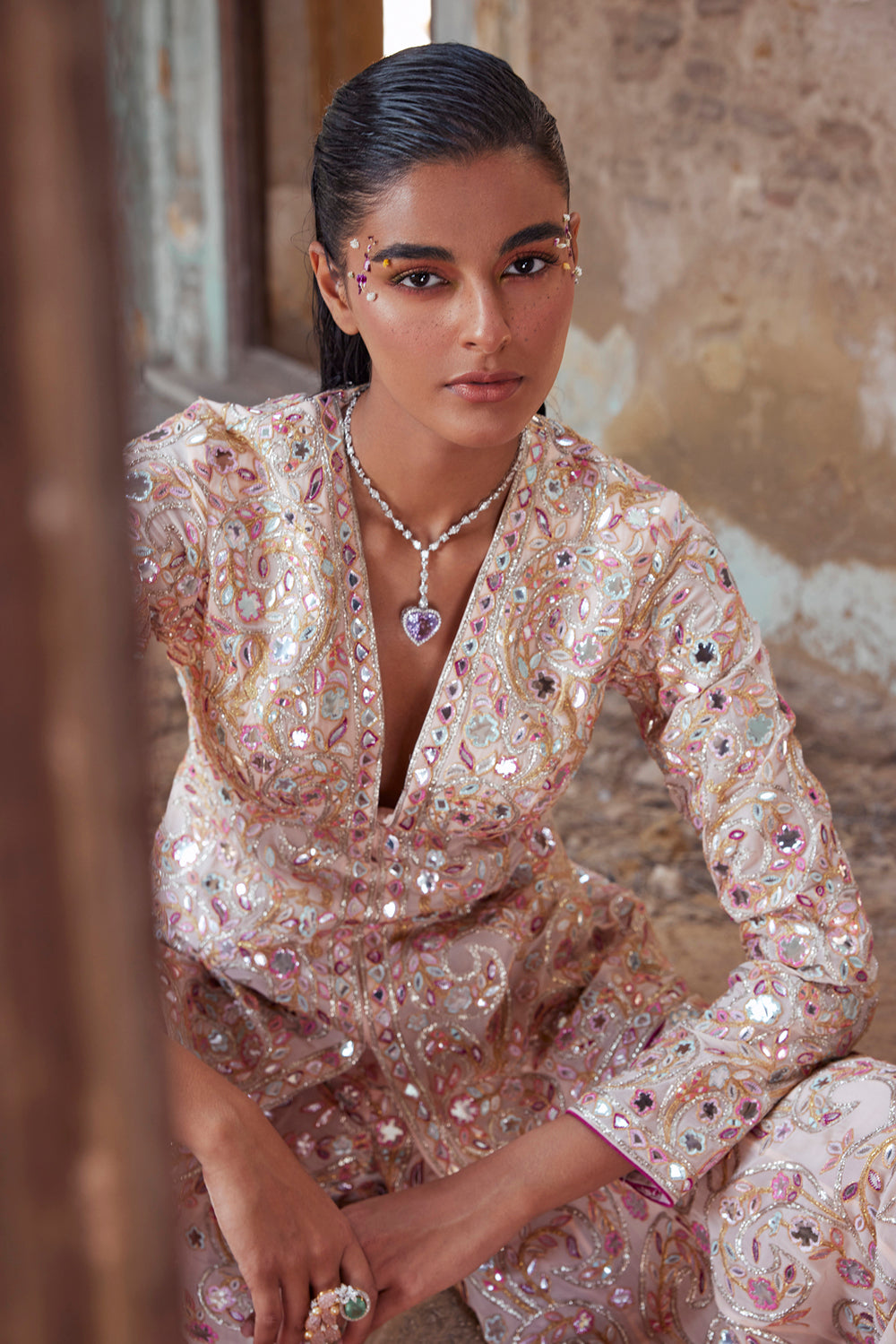 Peach Georgette Peplum Kurta and Sharara Set