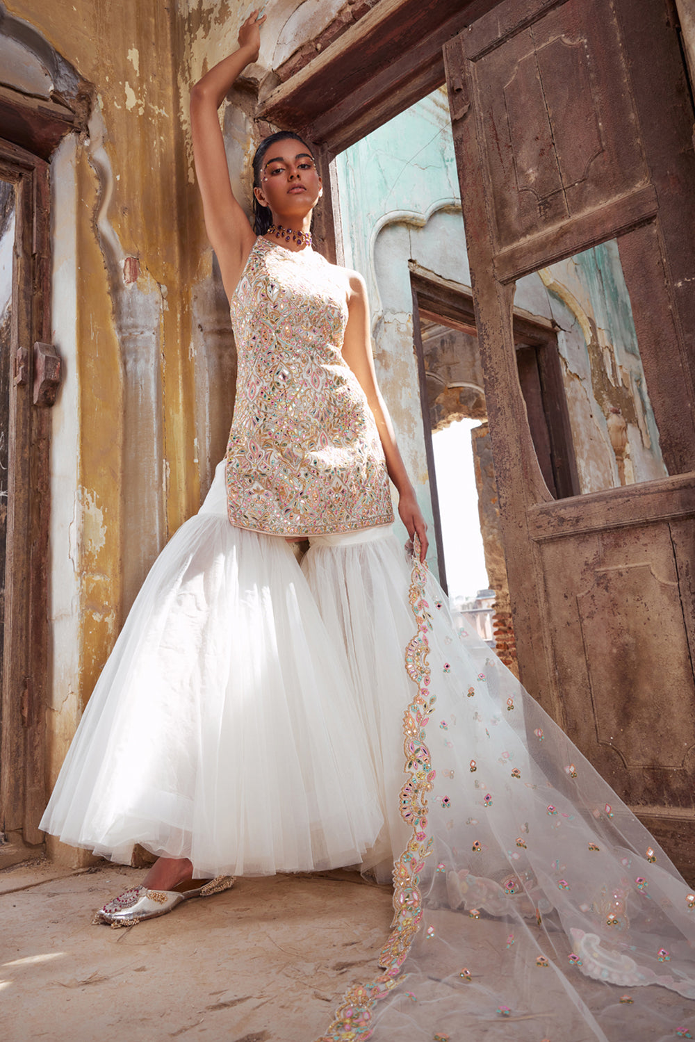 Ivory Net Gharara With Foil Halter Kurta Set