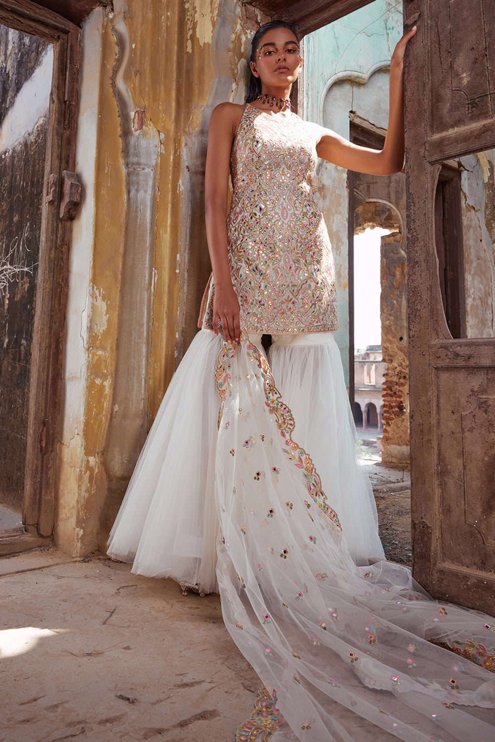 Ivory Net Gharara With Foil Halter Kurta Set