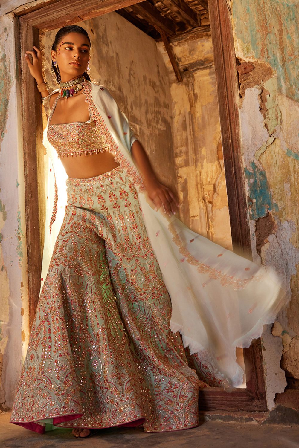 Blue Georgette High Waist Sharara and Cape Set