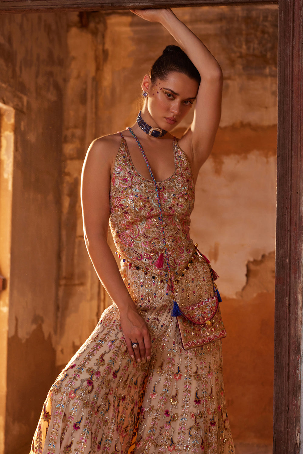 Ivory Georgette Embroidered High Waist Sharara Set