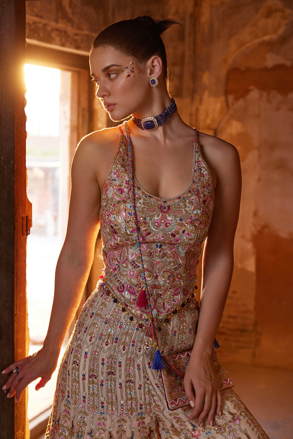 Ivory Georgette Embroidered High Waist Sharara Set