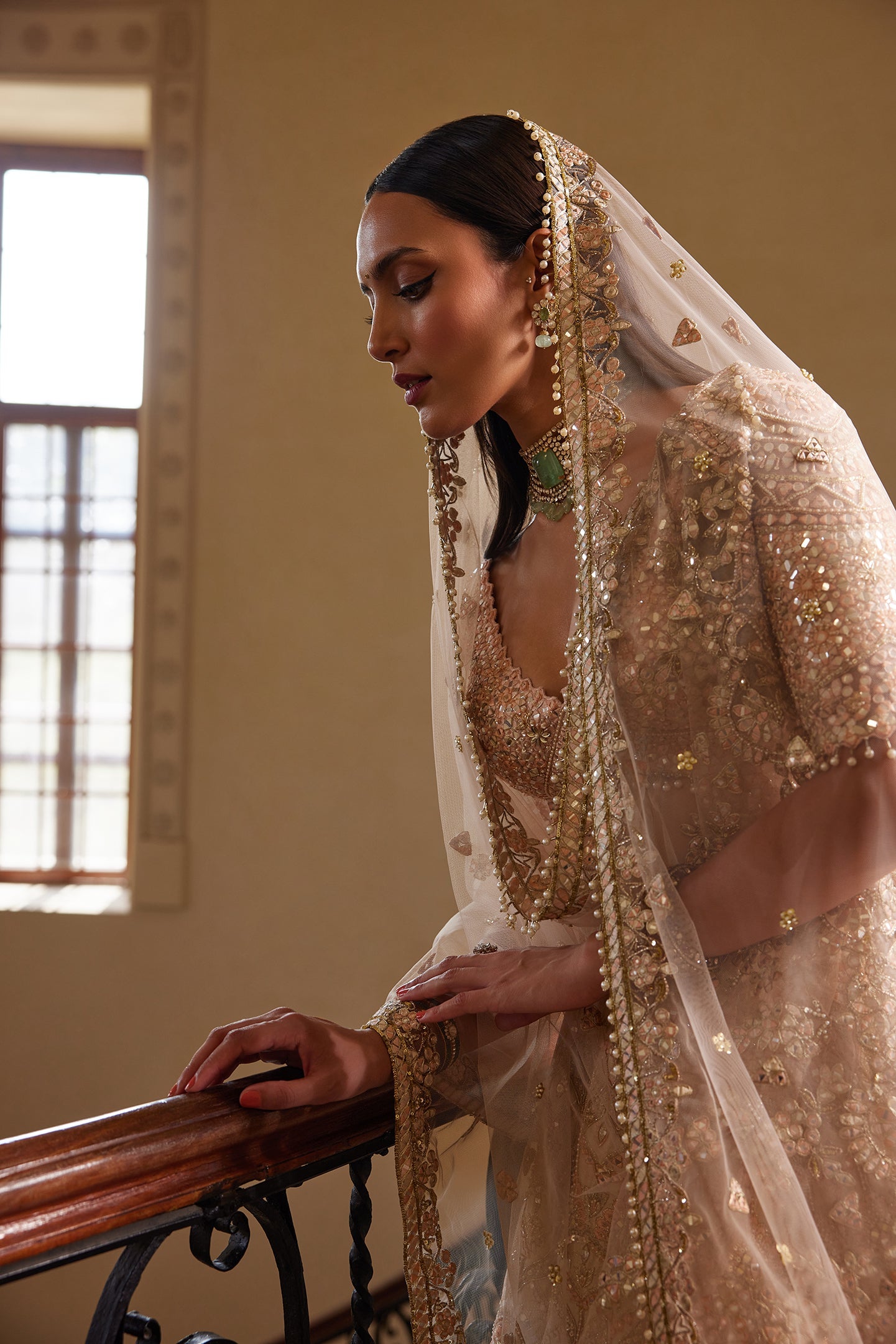 PEACH SELF EMBROIDERED MIRROR LEHENGA SET