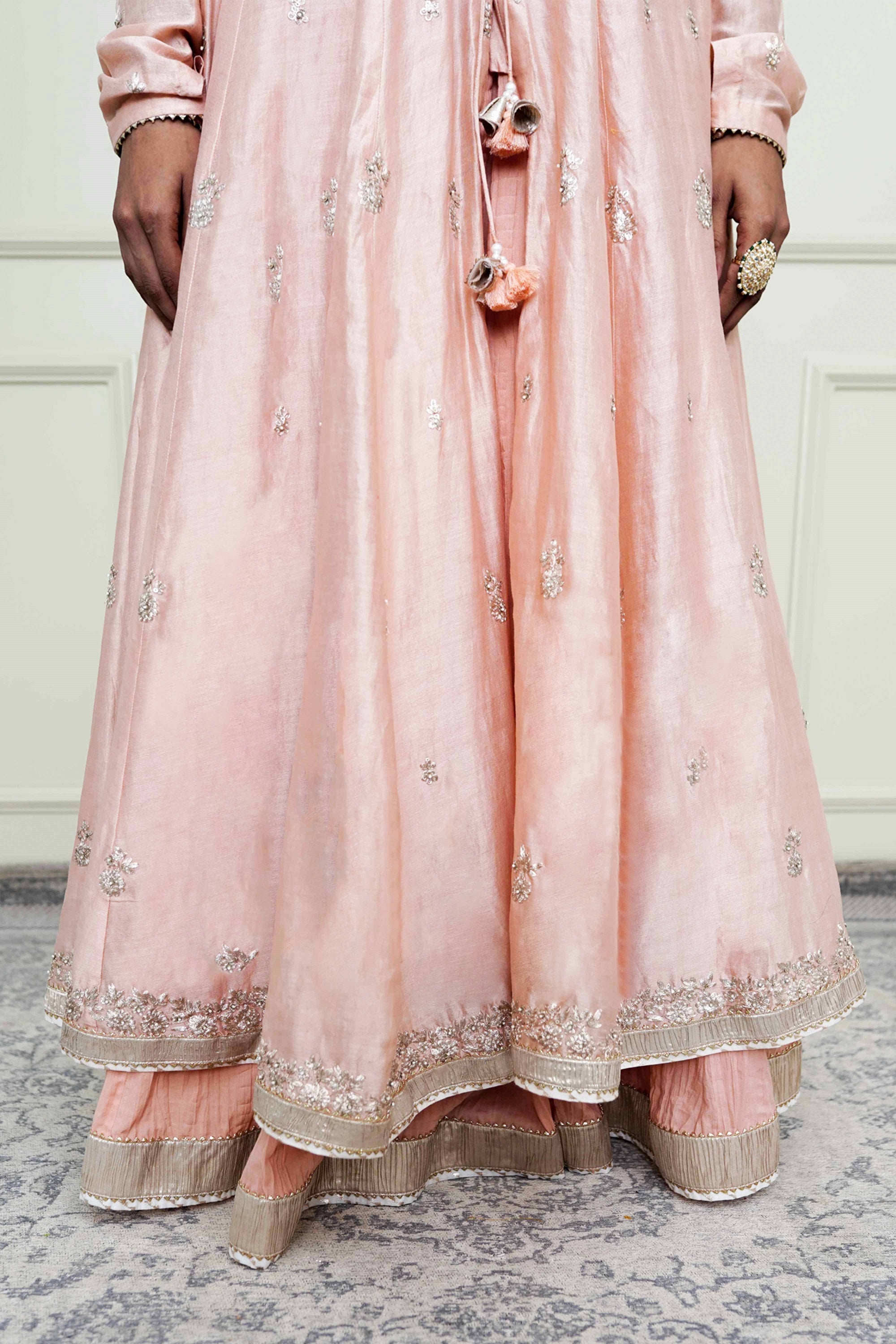 Taarini-Pearl Pink Tilla Embroidered Anarkali Set
