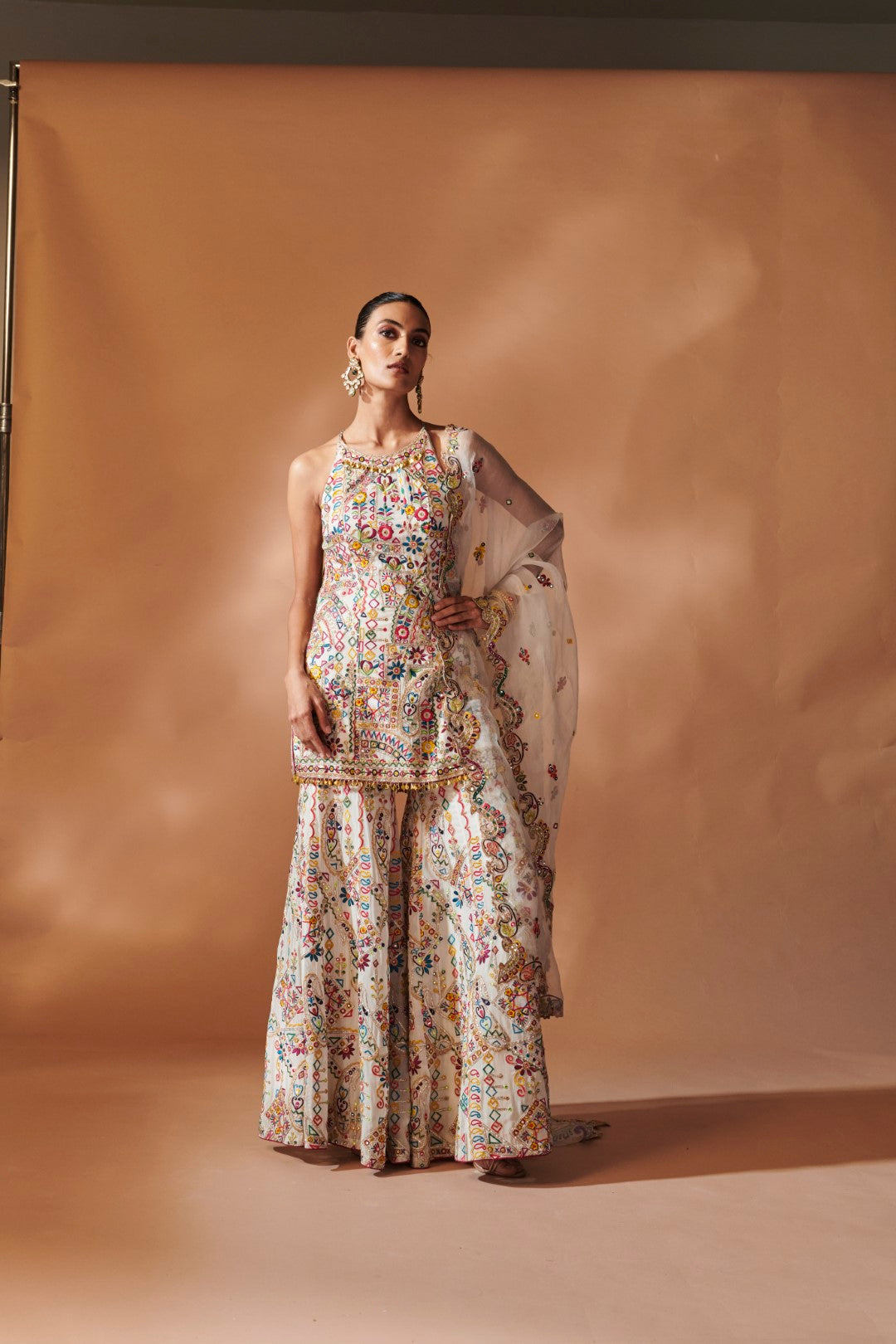 IVORY SHARARA AND HALTER KURTA SET