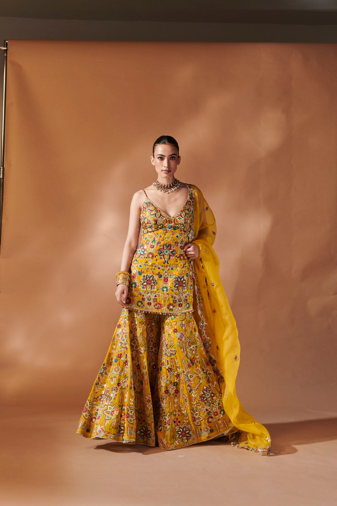 MUSTARD KURTA AND SHARARA SET