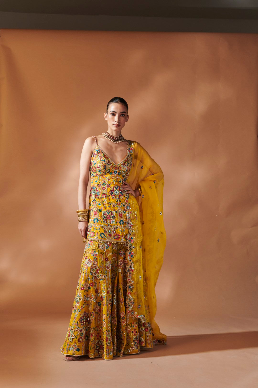 MUSTARD KURTA AND SHARARA SET