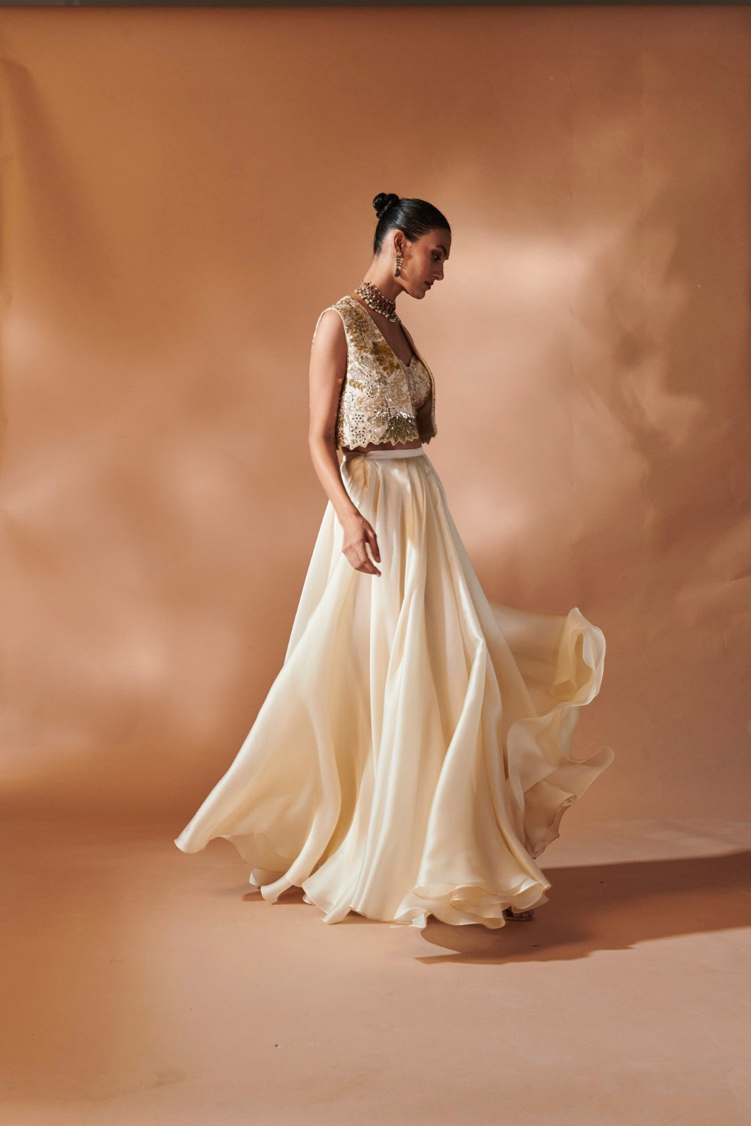 IVORY ORGANZA SKIRT WITH AN EMBROIDERED BLOUSE AND JACKET