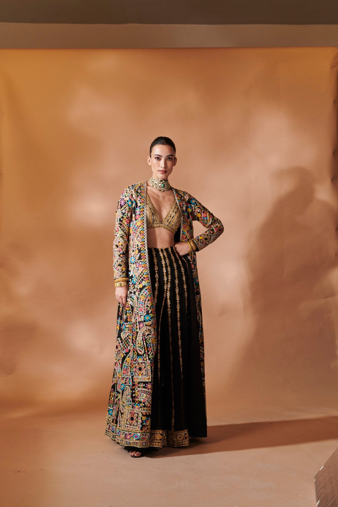 BLACK LONG EMBROIDERED JACKET WITH A BUSTIER AND SHARARA