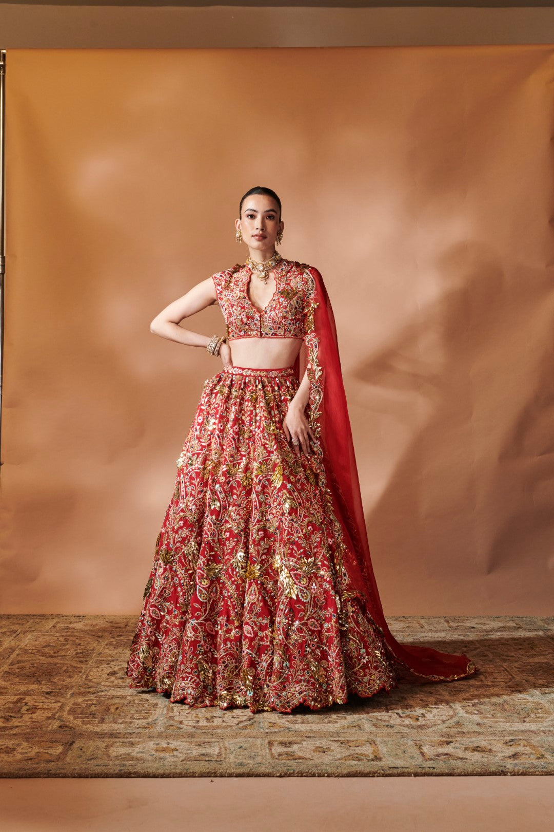 RED HEAVILY EMBROIDERED LEHENGA SET