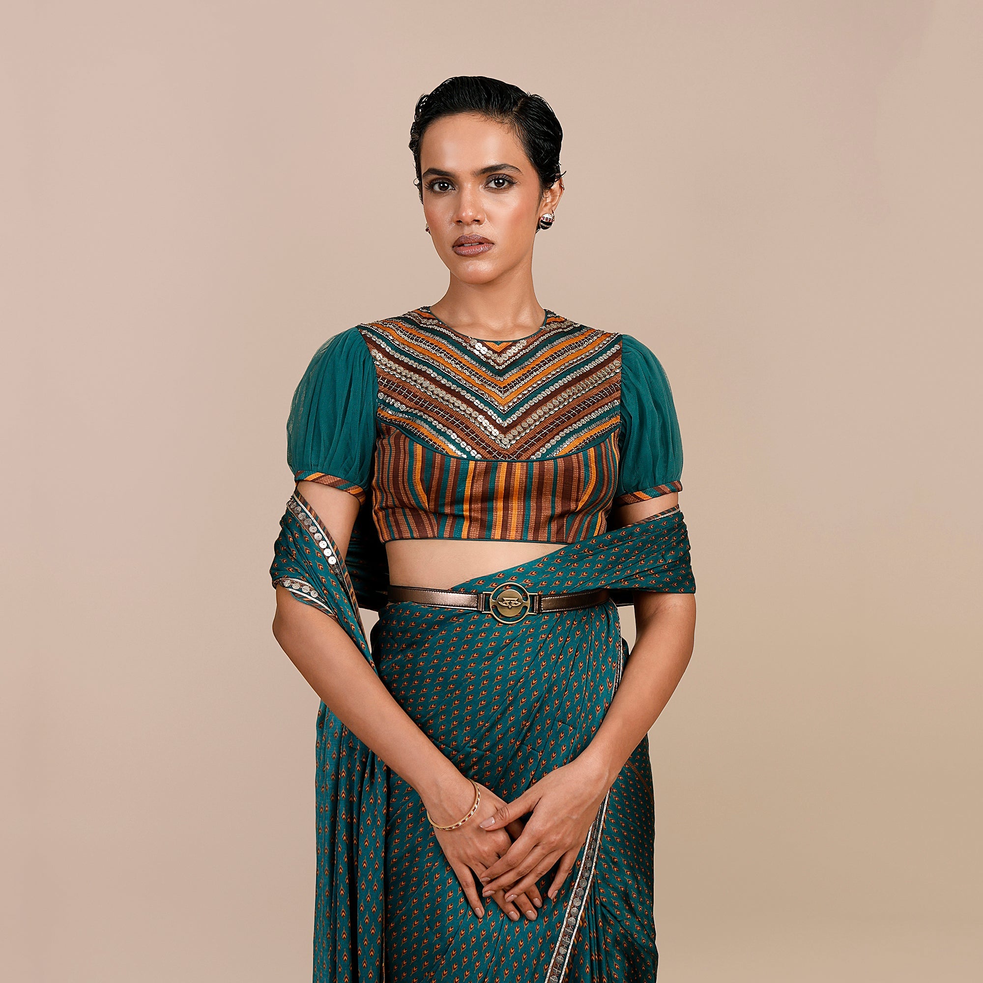 Teal Green - Mustard Yellow Saree Set | SATT