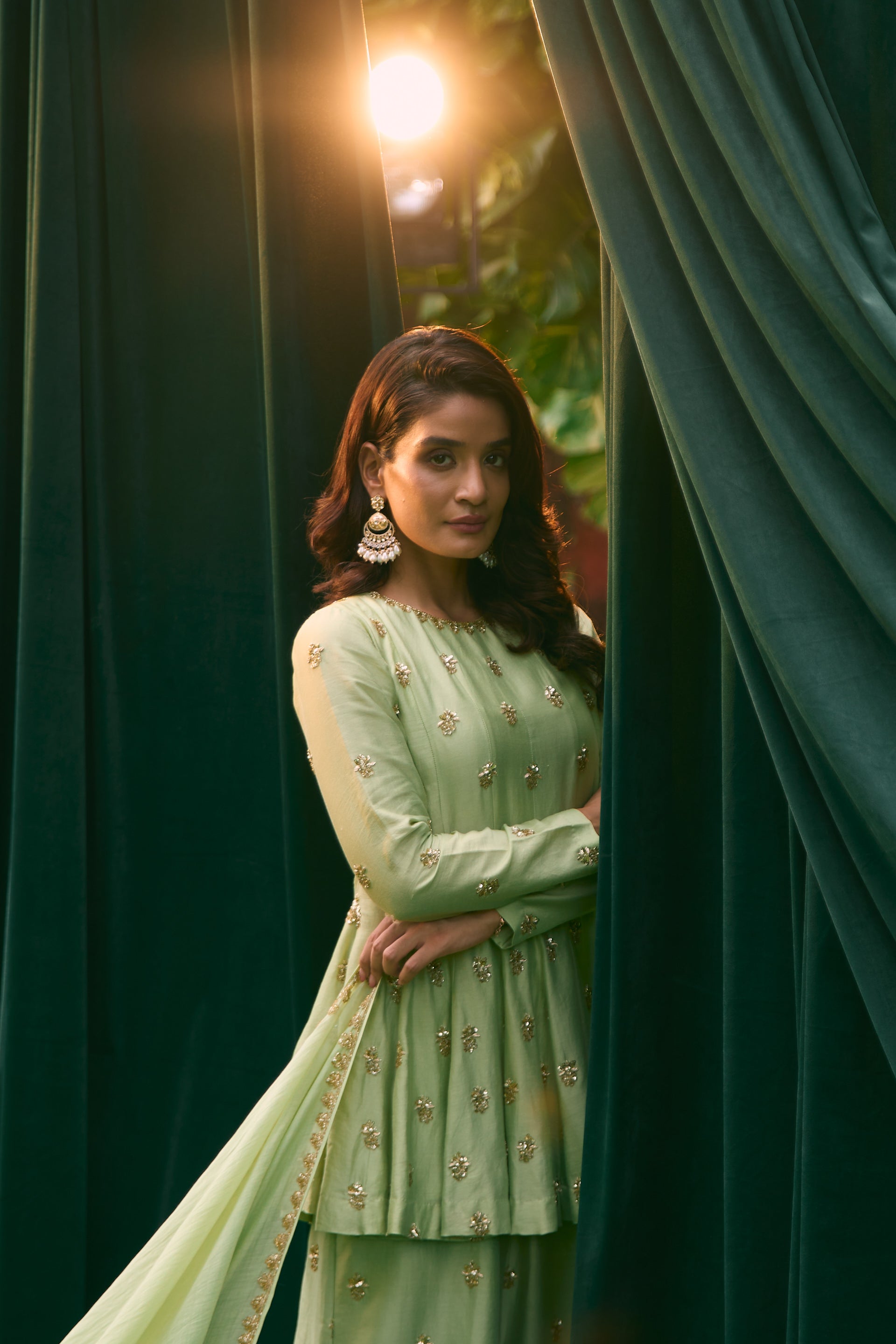 Sage Green A Line Short Kurti And Sharara Set