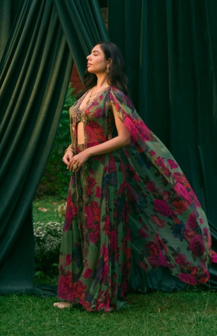 Mehendi Green Chiffon Floral Flare Pant And Cape Set