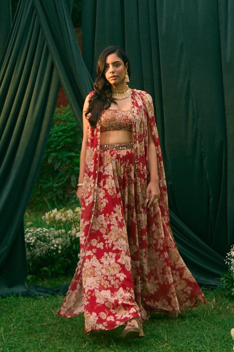 Red Floral Cape With Flared Pants