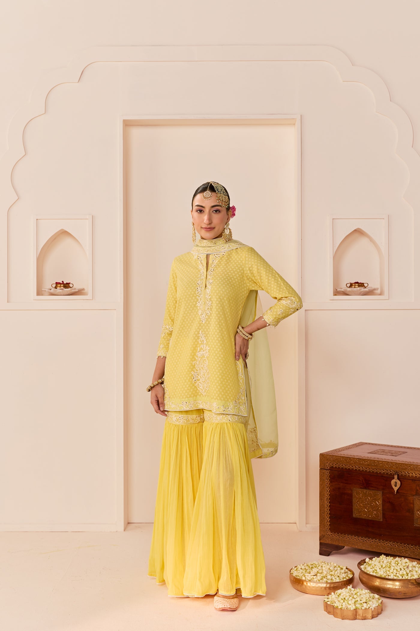 Yasneen - Lemon Yellow Short Kurta With Garara And Dupatta