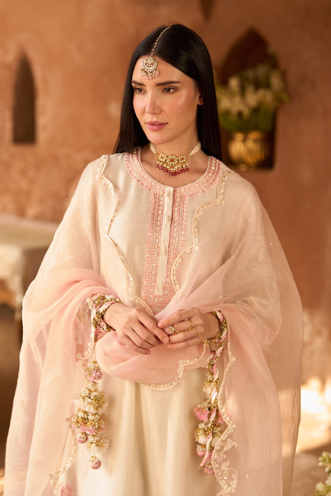 ANAM - DAISY IVORY WITH PINK A-LINE KURTA WITH SALWAR AND DUPATTA