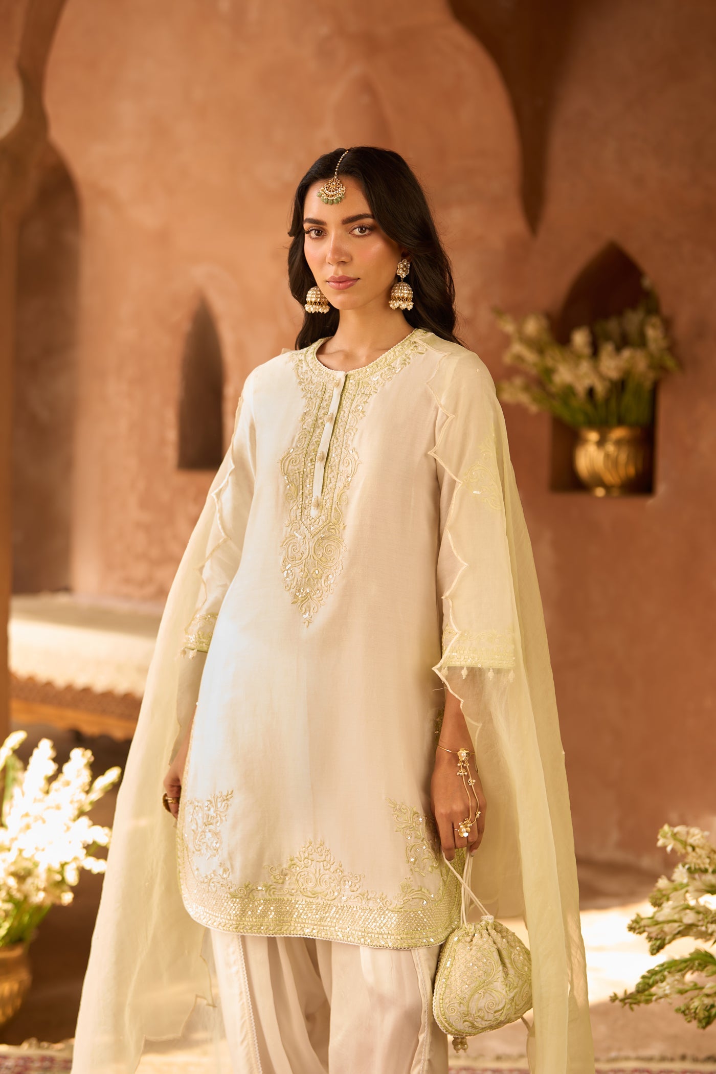 NYRA - DAISY IVORY WITH MINT GREEN SHORT KURTA AND DHOTI