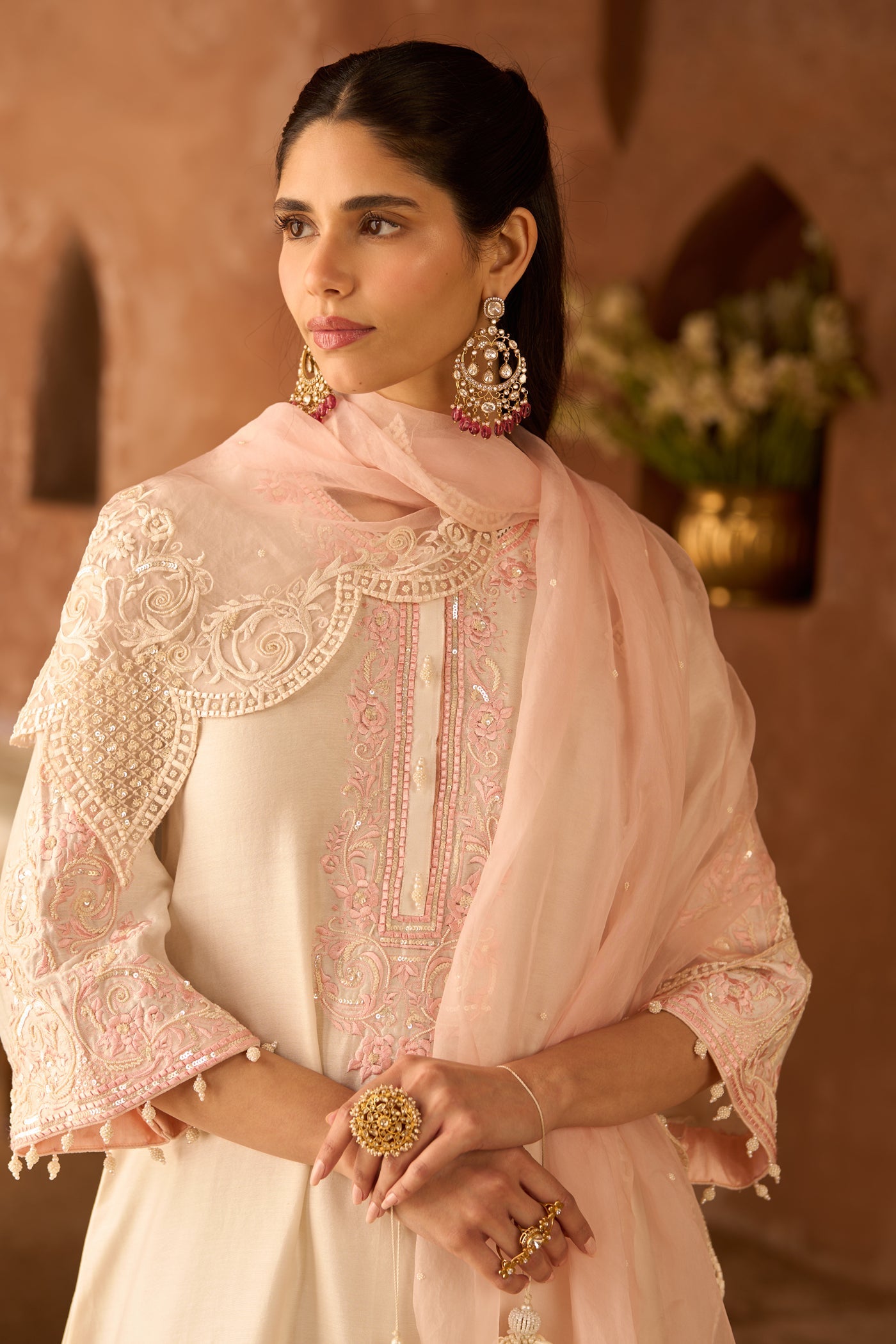 HANI - DAISY IVORY WITH PINK A-LINE KURTA WITH SALWAR AND DUPATTA