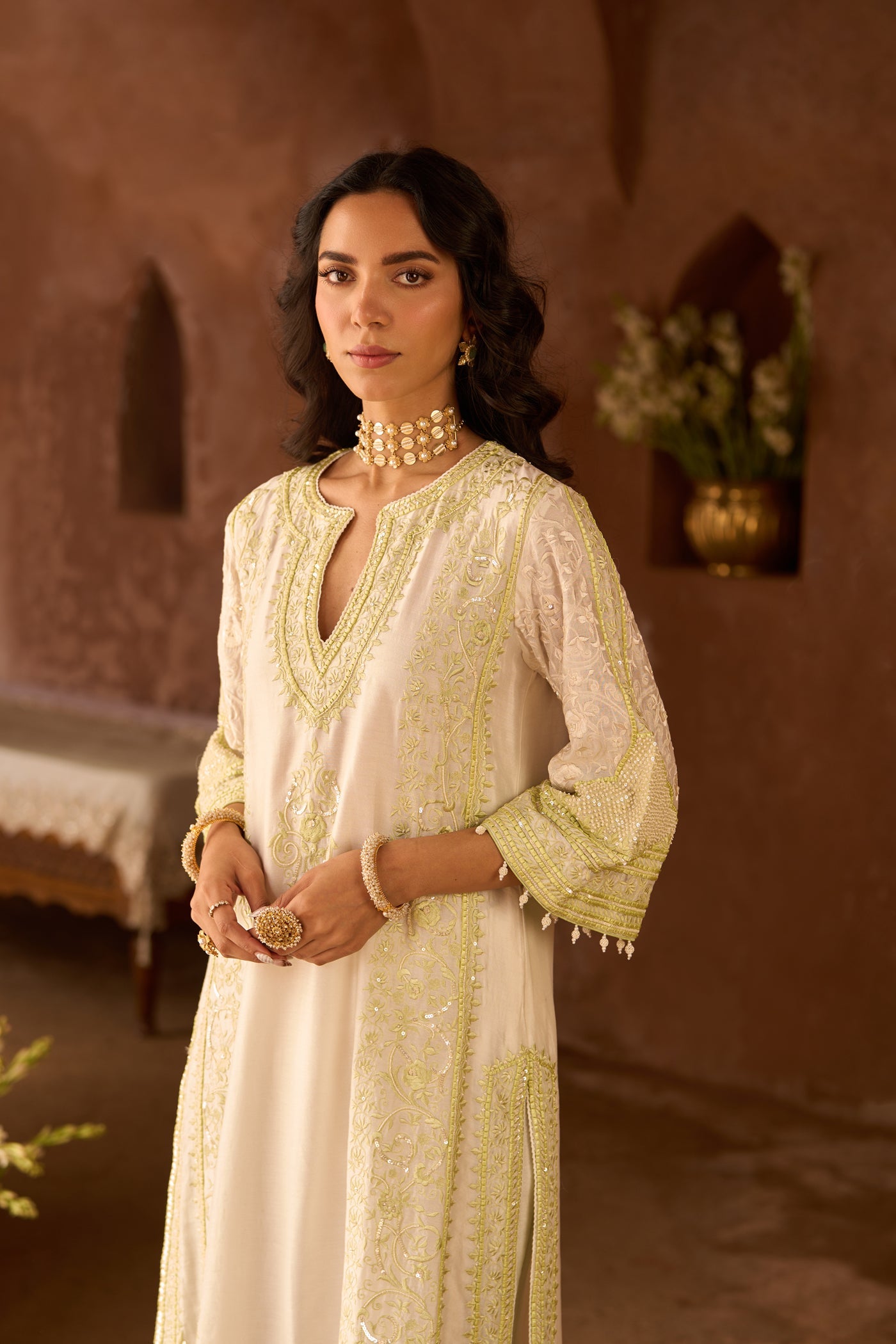 NURVI - DAISY IVORY WITH MINT GREEN LONG A-LINE KURTA WITH PALAZZO AND DUPATTA