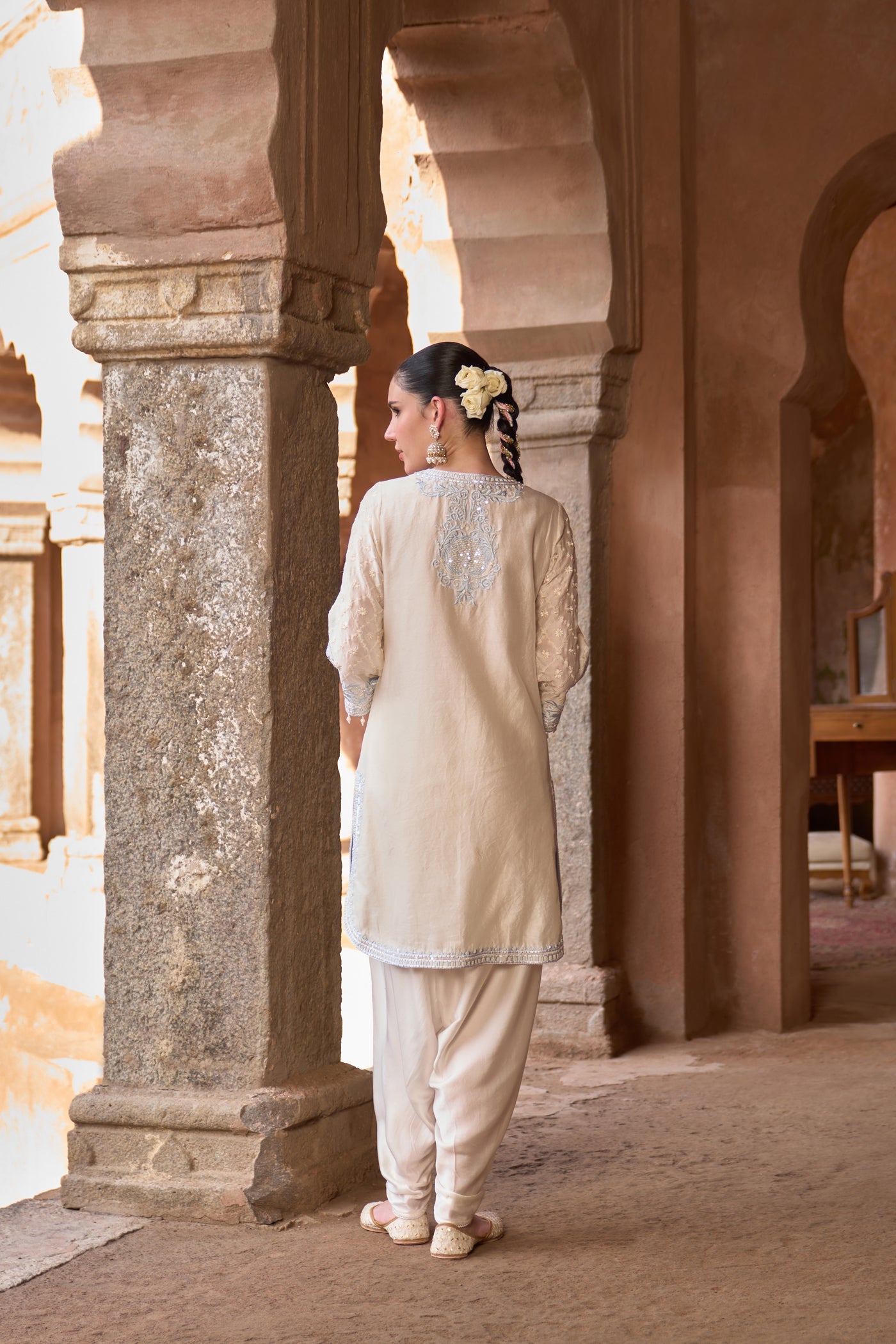 RUHI - DAISY IVORY WITH BLUE SHORT KURTA AND DHOTI