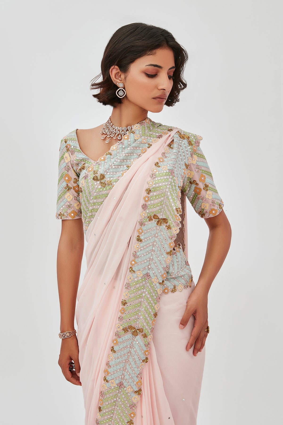Fariba - Pink Tulle Net Saree Set