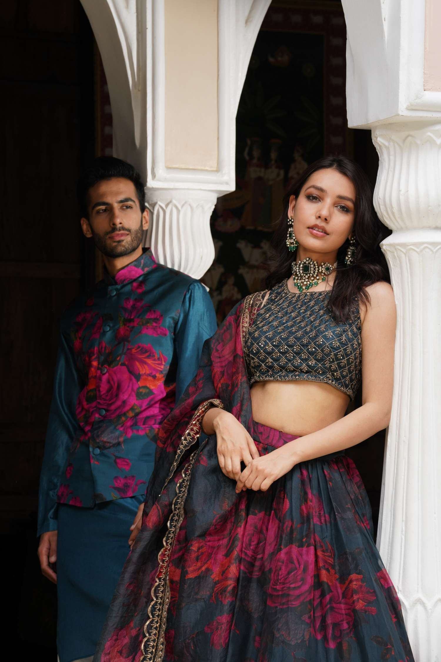 Teal Blue Floral Lehenga Set