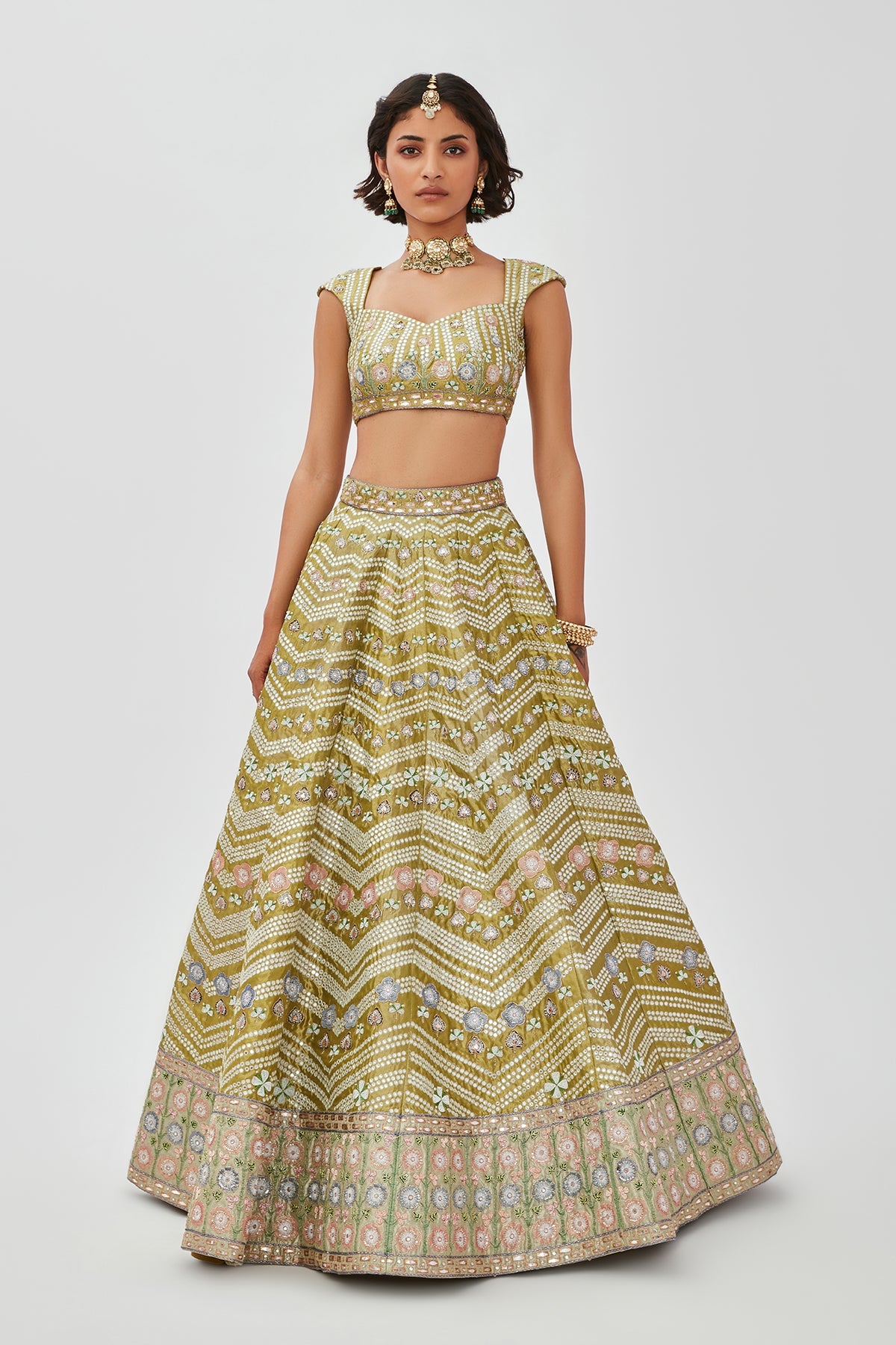 Mahin - Lime Green Tissue Lehenga Set