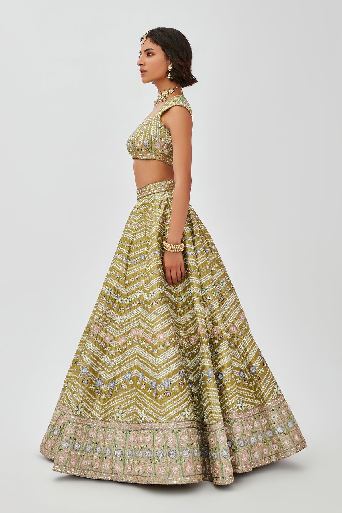 Mahin - Lime Green Tissue Lehenga Set
