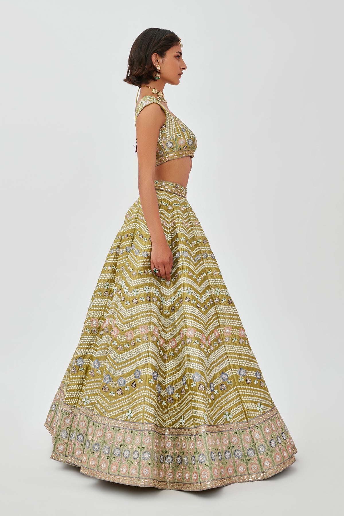 Mahin - Lime Green Tissue Lehenga Set