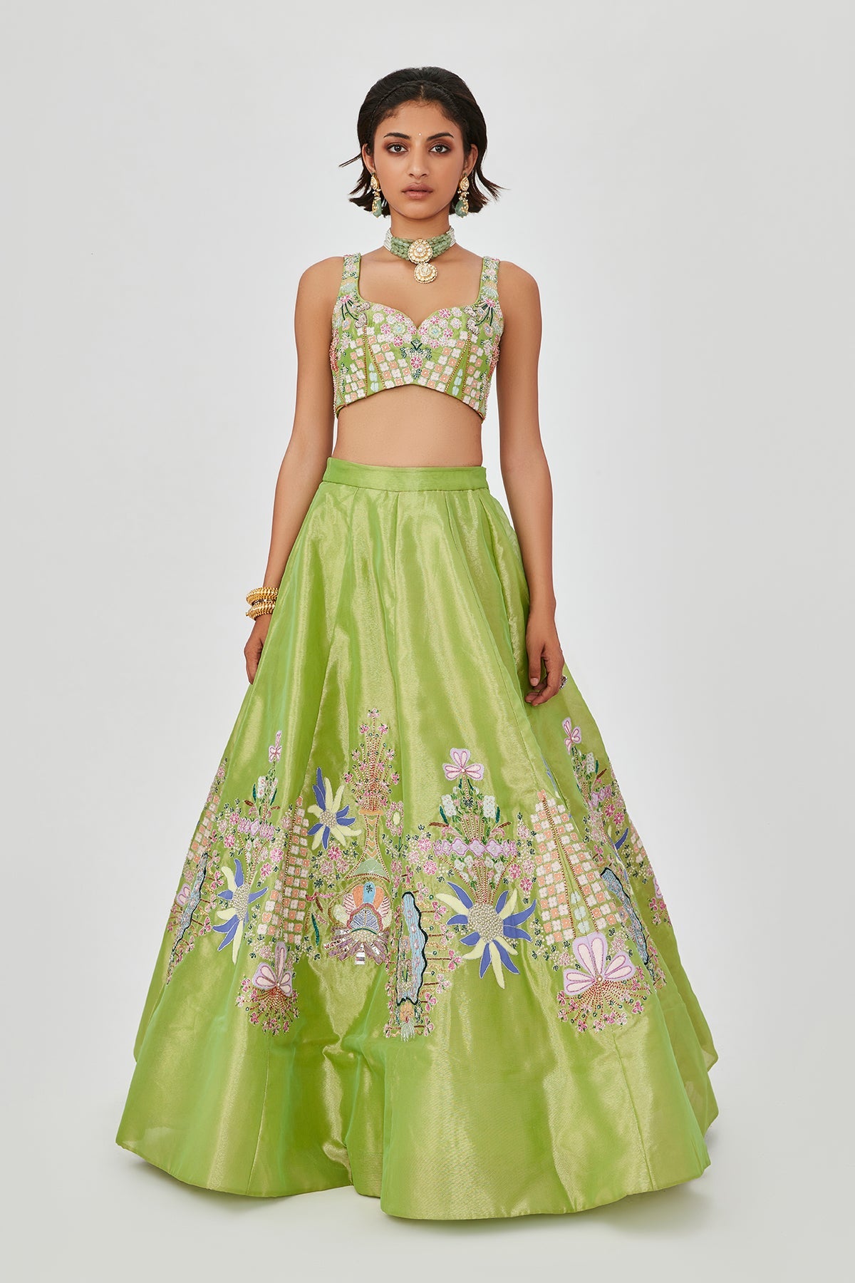 Saira - Sheen Green Tissue Lehenga Set
