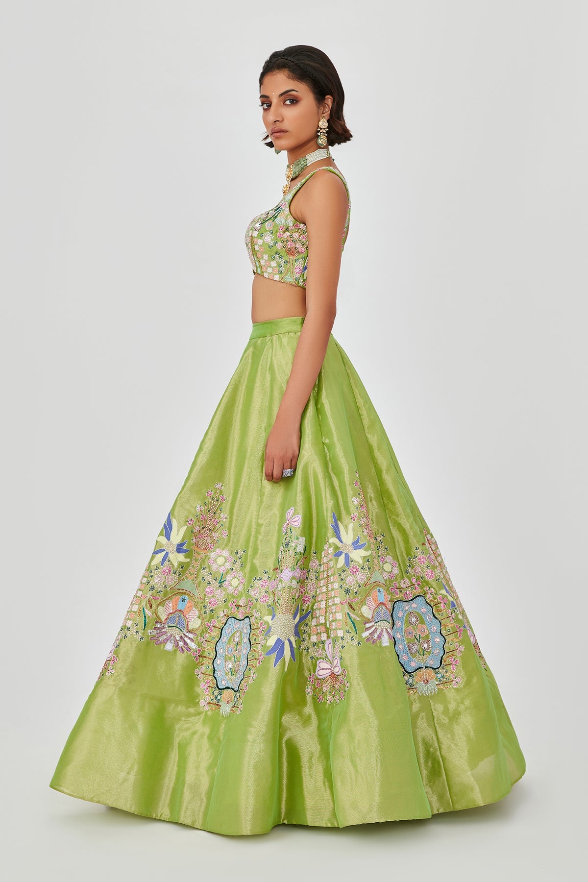 Saira - Sheen Green Tissue Lehenga Set