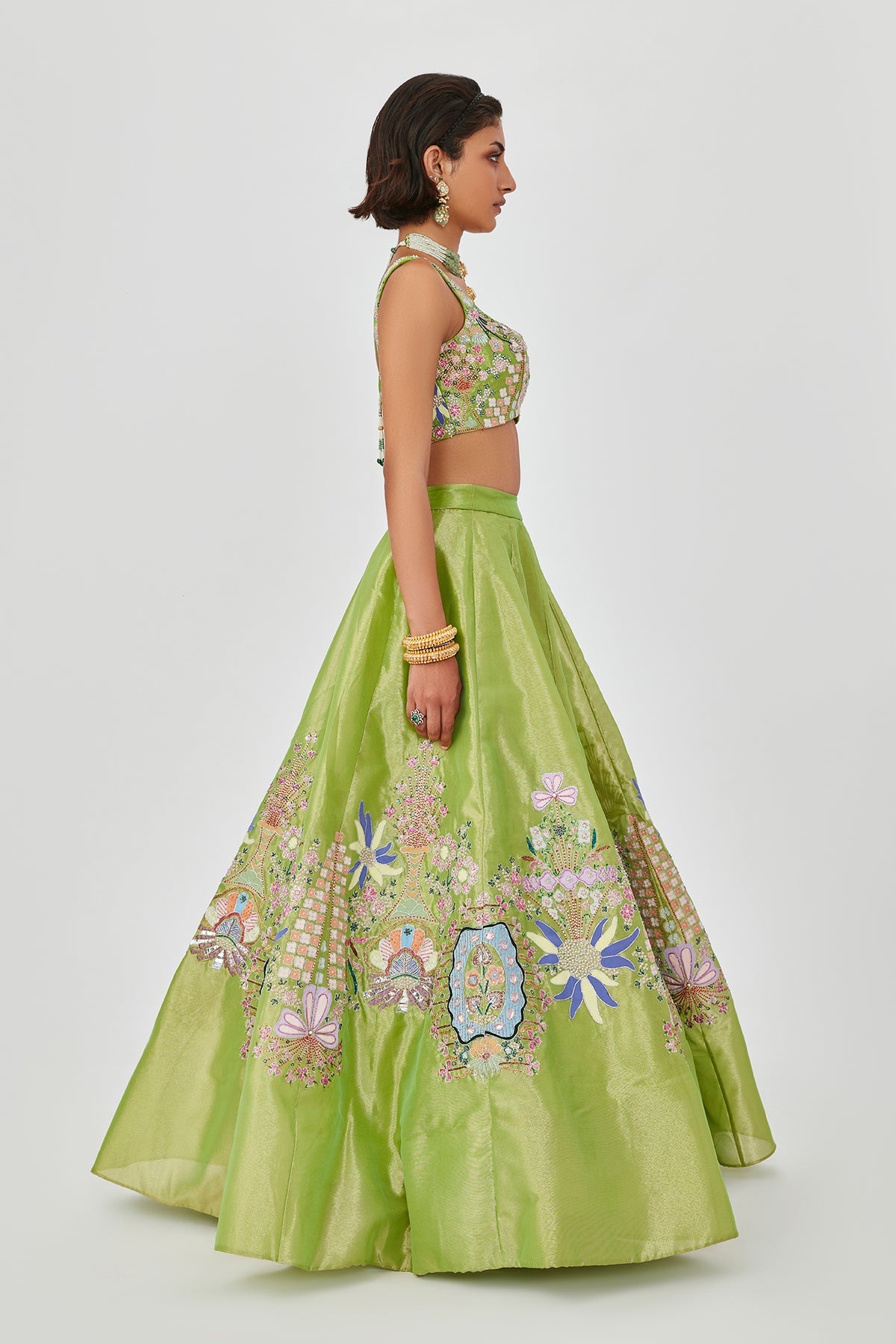 Saira - Sheen Green Tissue Lehenga Set