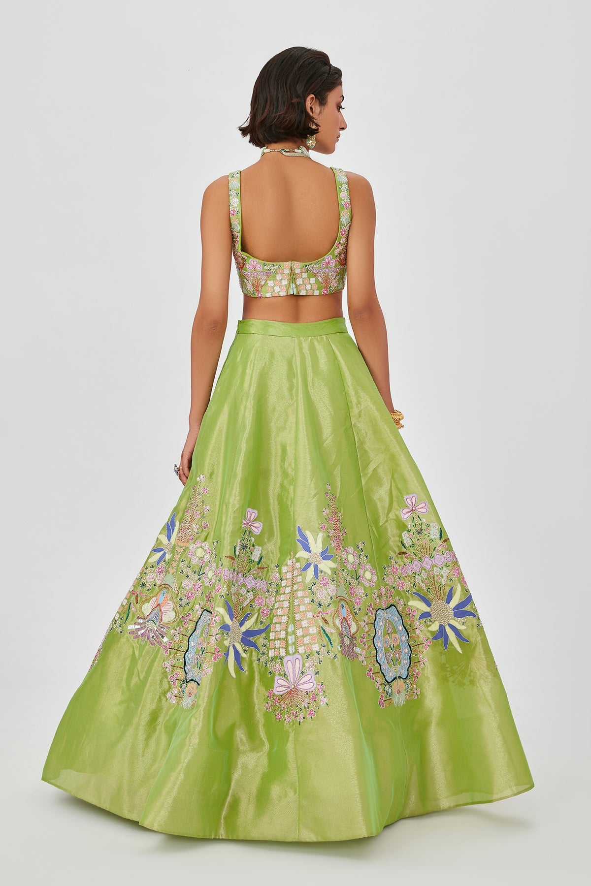 Saira - Sheen Green Tissue Lehenga Set
