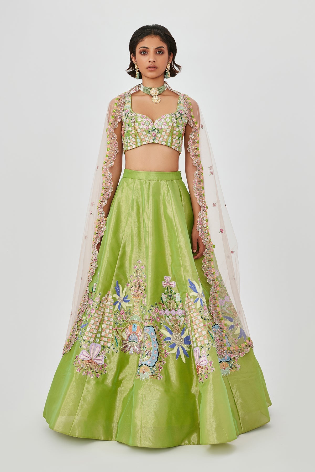 Saira - Sheen Green Tissue Lehenga Set