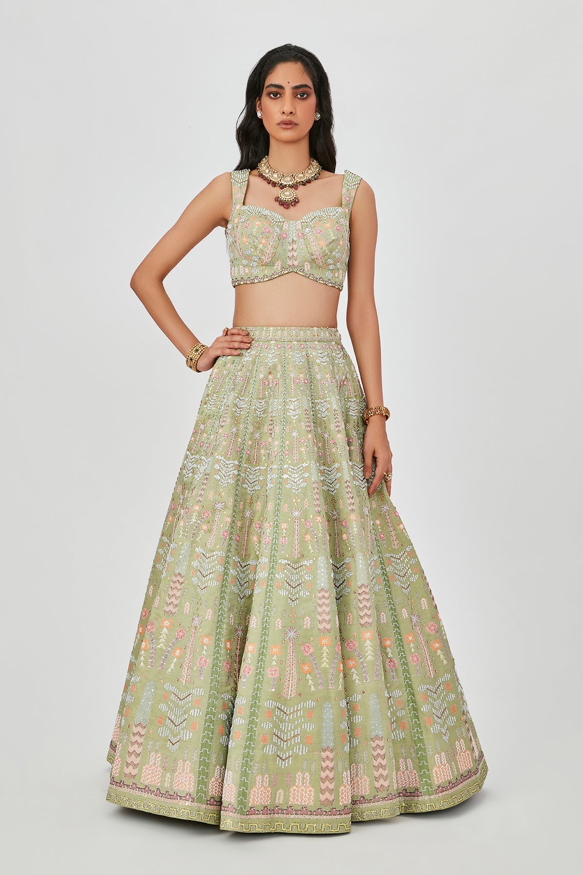 Shazia - Moss Green Kasab Satin Lehenga Set