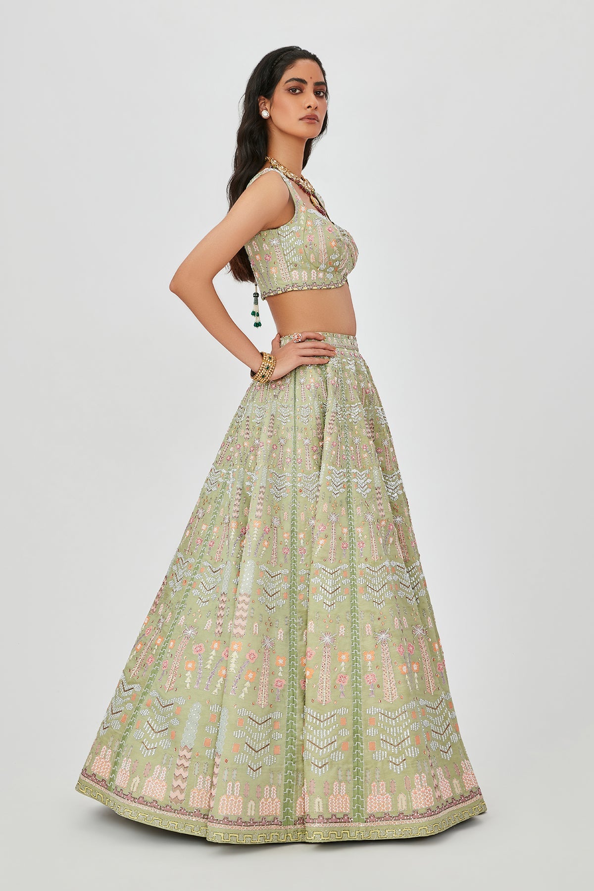 Shazia - Moss Green Kasab Satin Lehenga Set