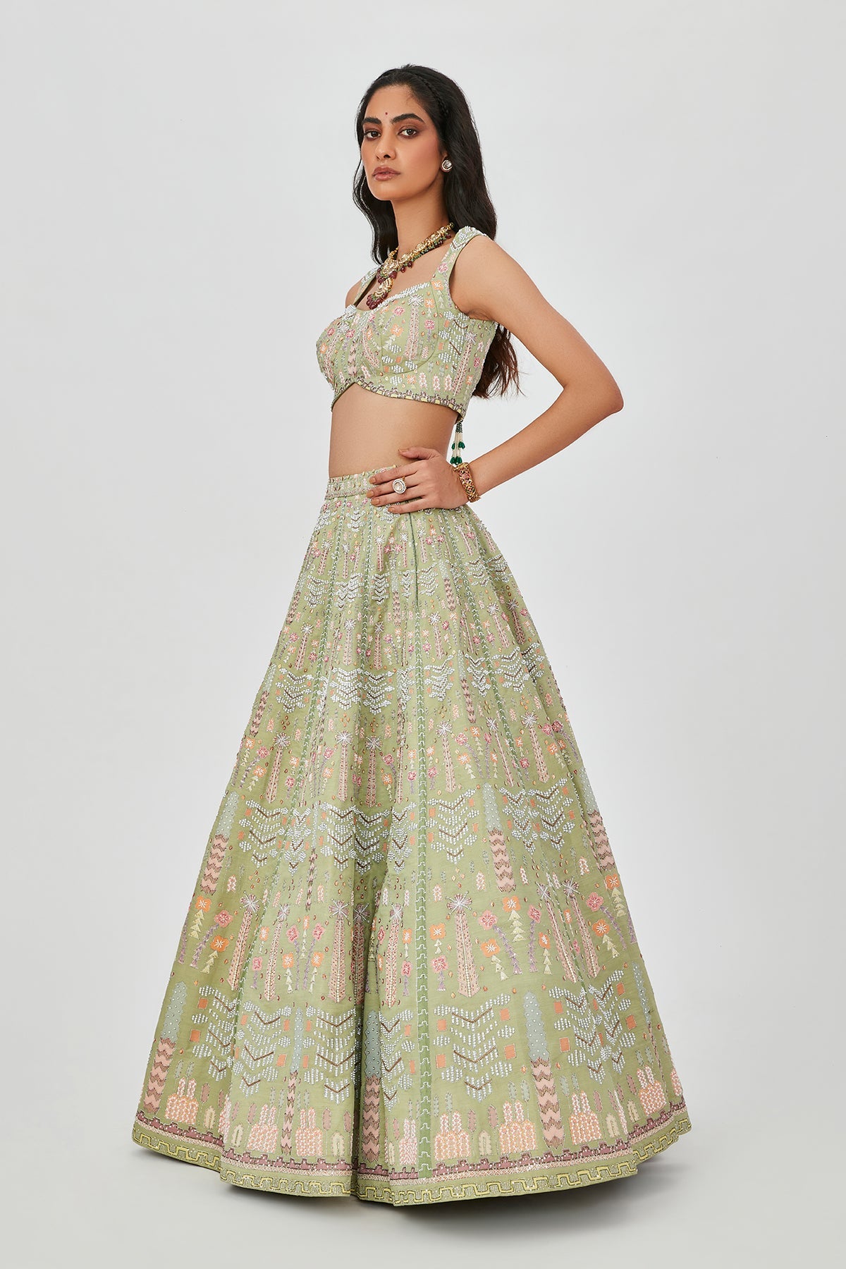 Shazia - Moss Green Kasab Satin Lehenga Set